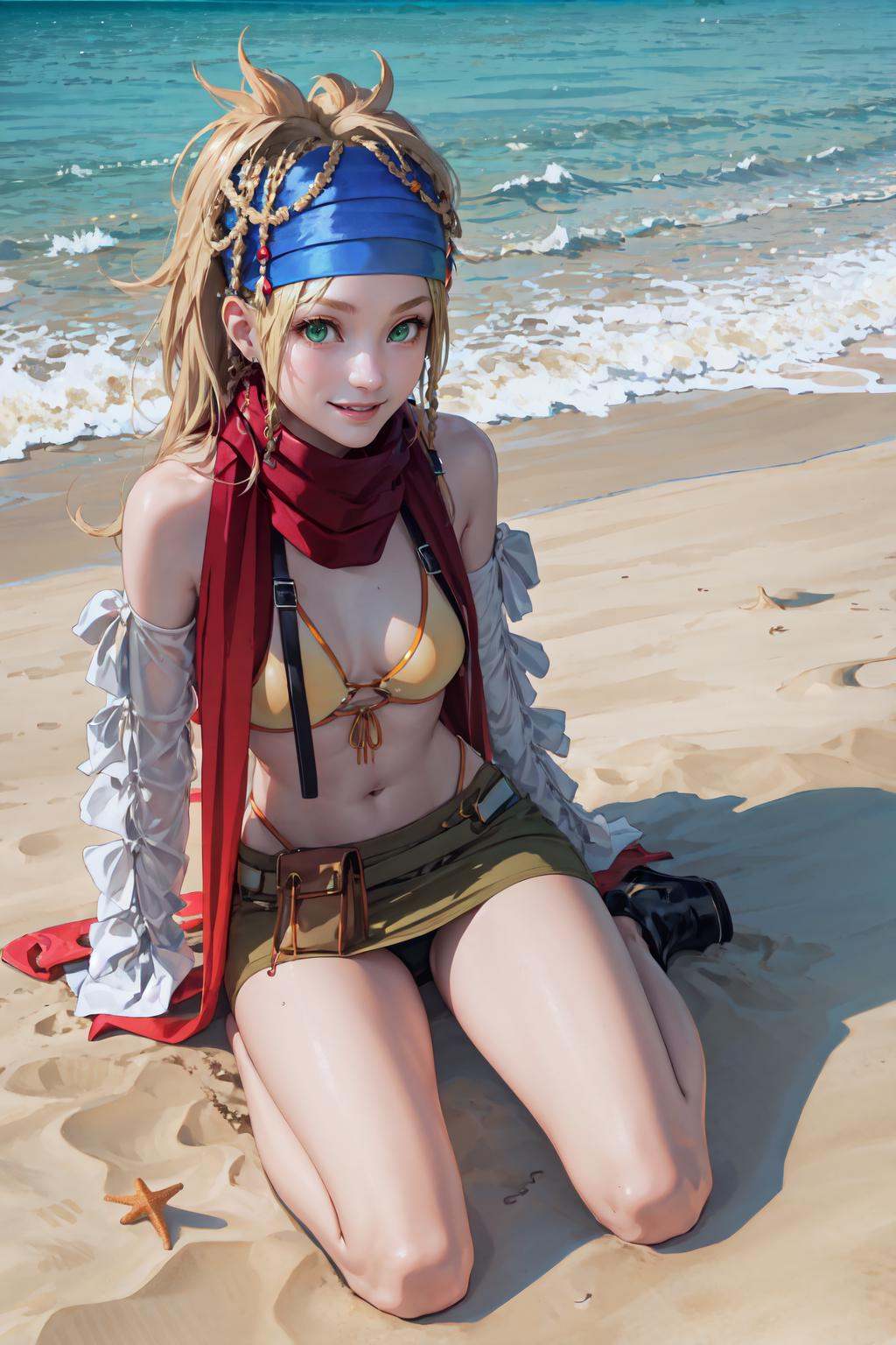 RikkuX2, blue headband, yellow bikini, scarf, skirt, navel, detached sleeves, bikini top only, <lora:RikkuV3:1>, full body, beach, sitting, from above, light smile, 