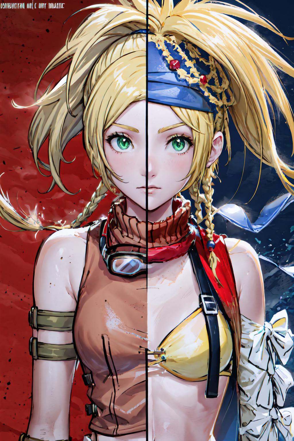 SplitScreen, close-up, split screen, <lora:Pos_SplitScreen:0.6>, <lora:RikkuV3:0.55>, upper body, ,  RikkuX, x hair ornament, goggles around neck, fingerless gloves, midriff,,  SplitScreen, close-up, split screen, <lora:Pos_SplitScreen:0.6>, <lora:RikkuV3:0.55>, upper body, ,  RikkuX2, blue headband, yellow bikini, scarf, detached sleeves, bikini top only,