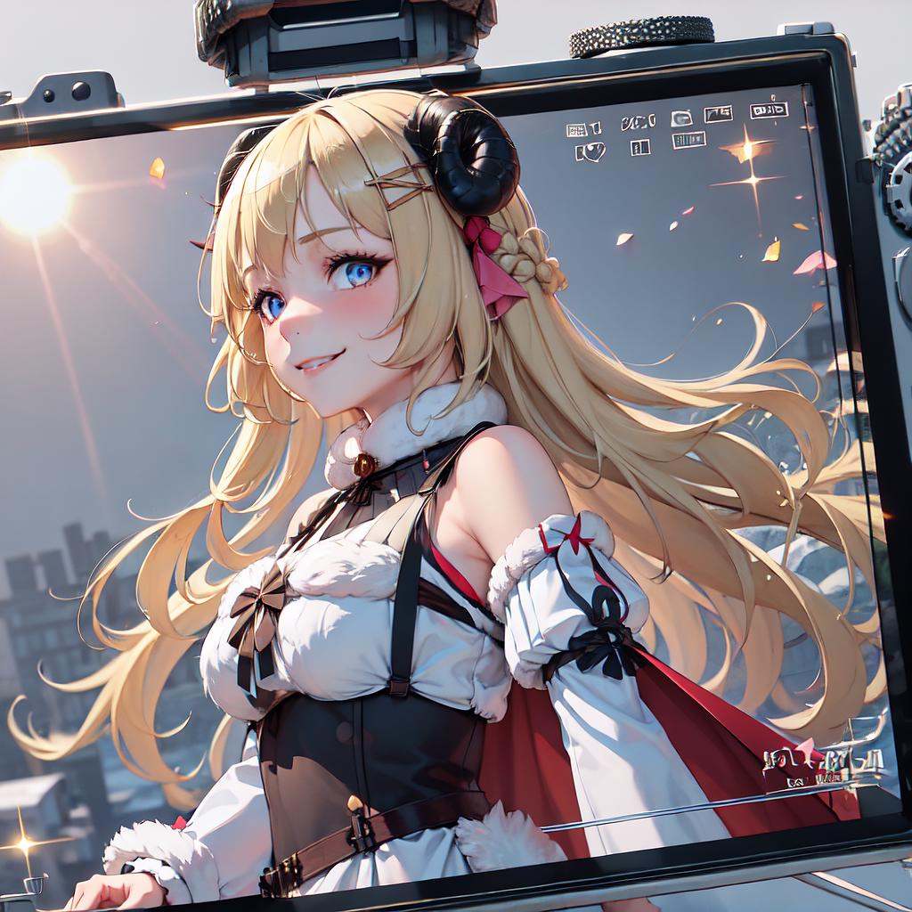 1girl, IncrsViewFinder, pov, viewfinder, <lora:ViewfinderCamera:1.2>, Tsunomaki Watame, long hair, WatameBase, fur-trimmed dress, white dress, bare shoulders, fur-trimmed sleeves, hairclip, cape, <lora:Char_VTuber_TsunomakiWatame:0.8>, looking at viewer, seductive smile, upper body, blue eyes, 