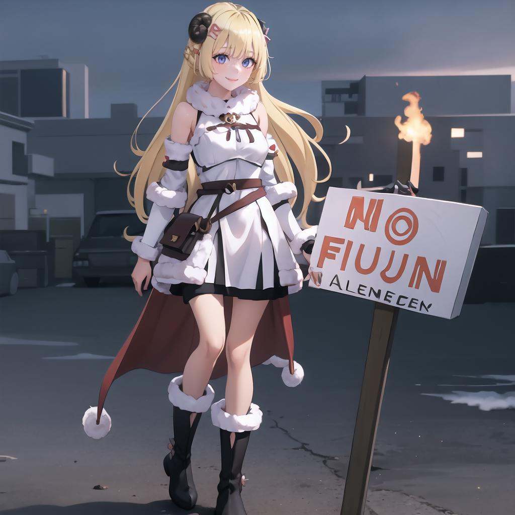 1girl, IncrsNFAMeme, sign, <lora:NoFunAllowedMemeV2:1>, Tsunomaki Watame, long hair, WatameBase, fur-trimmed dress, white dress, bare shoulders, fur-trimmed sleeves, hairclip, cape, belt pouch, brooch, fur-trimmed boots, <lora:Char_VTuber_TsunomakiWatame:0.8>, smile, 
