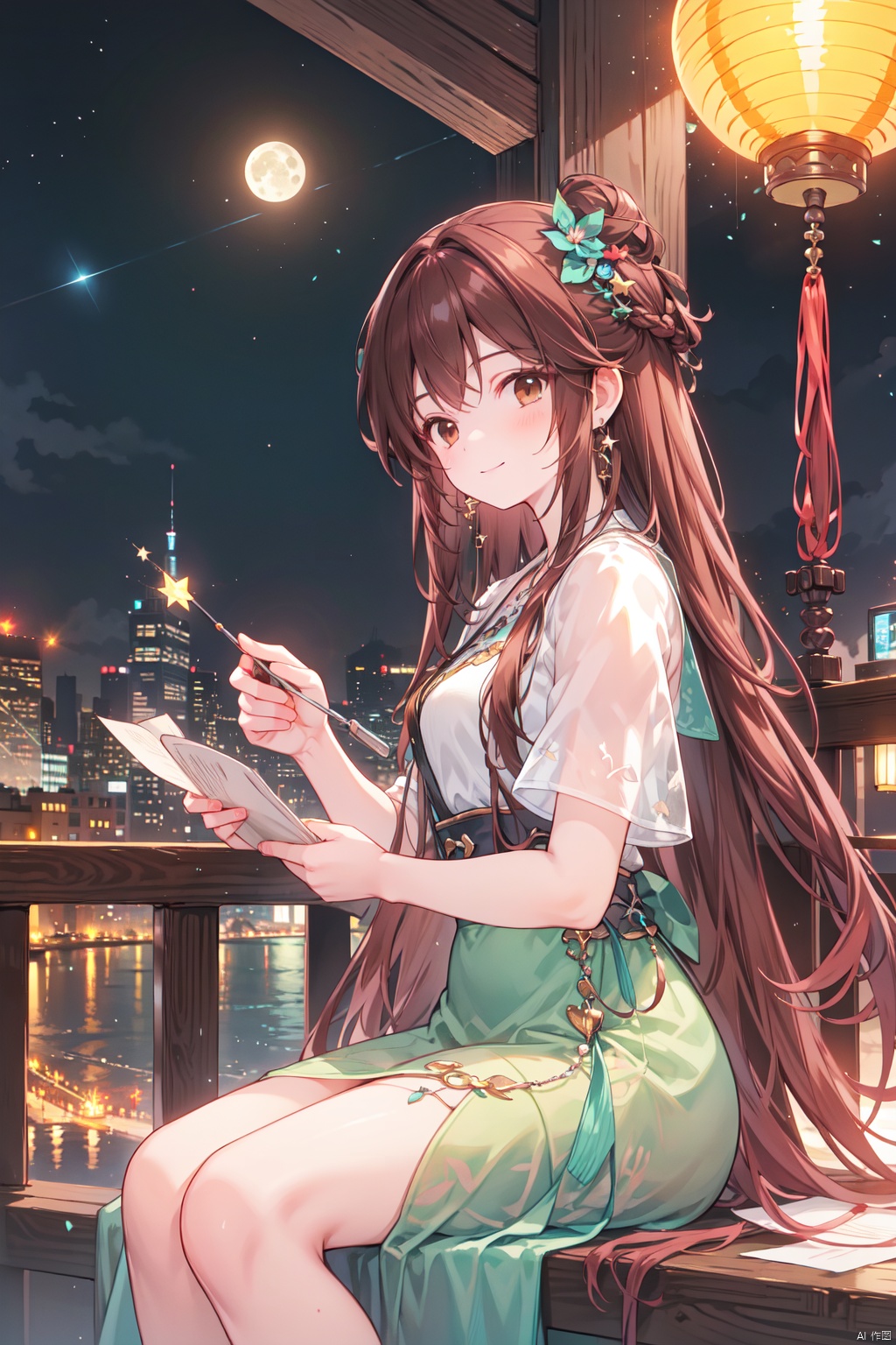 1girl,  aerial_fireworks,  bangs,  brown_eyes,  brown_hair,  building,  city,  city_lights,  cityscape,  closed_mouth,  earrings,  fireworks,  full_moon,  holding,  jewelry,  lamppost,  lantern,  long_hair,  looking_at_viewer,  moon,  night,  night_sky,  outdoors,  paper_lantern,  shooting_star,  short_sleeves,  sitting,  sky,  skyline,  skyscraper,  smile,  solo,  star_\(sky\),  starry_sky,  tanabata,  tanzaku,  yeqinxian,<lora:EMS-253082-EMS:0.300000>,<lora:EMS-257251-EMS:0.500000>,<lora:EMS-98460-EMS:0.800000>