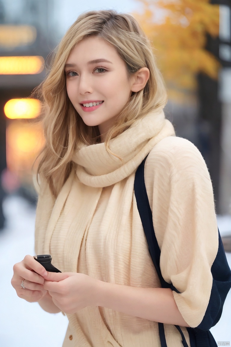  masterpiece, best quality, 1girl, shiny skin, cinematic lighting, medium breasts, looking at viewer, messy hair, blonde hair, yellow eyes, solo, autumn, outdoors, smile, blush, winter, ribbed, walking, city, shopping, dynamic angle, close-up, ultra-detailed, 8k, rtx, ambient occlusion, rim lighting, bustling,a fashion influencer,instagram,winter outfit,snowy,winter,cold,Muffler