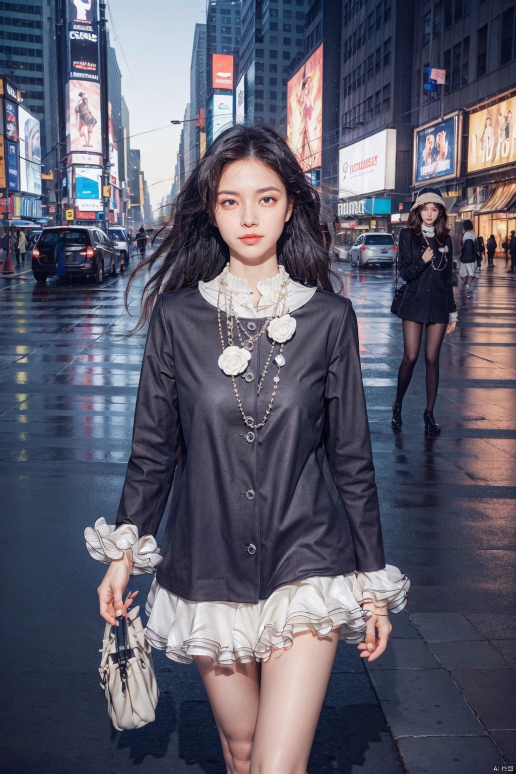  1girl,collar, expose belly,Best Quality, Masterpiece, Ultra High Resolution, (Realisticity:1.4), Original Photo, Cinematic Lighting,tsuyuka \(sunny spot\),1girl, thigh,street, after rain, wet, (deserted street:1.4), crossroads, zebra crossing, times square, new york, raytraced reflection, dynamic Angle, (bokeh:1.2), depth of field, incredible sky, (aesthetics and atmosphere:1.2), upper_body,(black dress),white skirt,polka dot legwear,