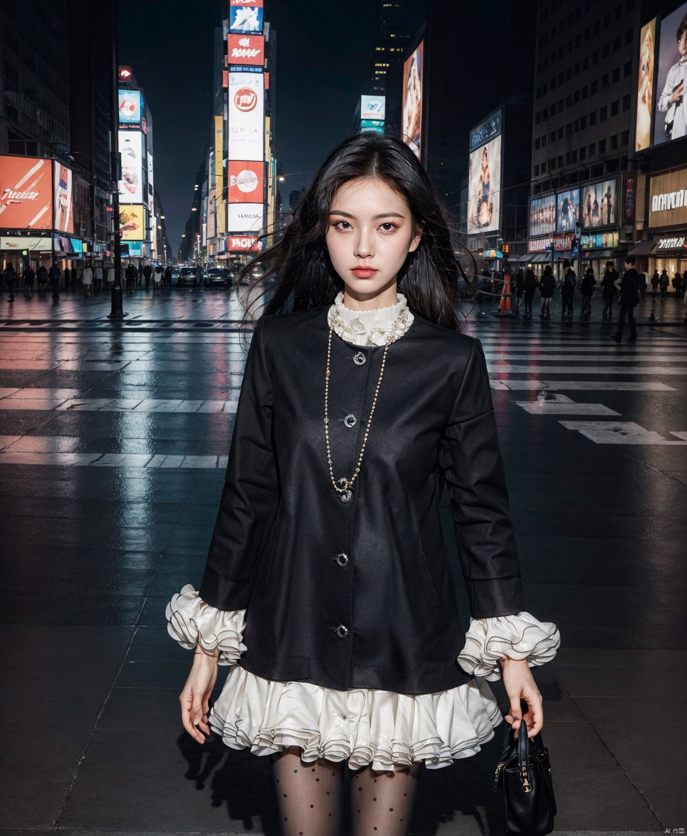  1girl,collar, expose belly,Best Quality, Masterpiece, Ultra High Resolution, (Realisticity:1.4), Original Photo, Cinematic Lighting,tsuyuka \(sunny spot\),1girl, thigh,street, after rain, wet, (deserted street:1.4), crossroads, zebra crossing, times square, new york, raytraced reflection, dynamic Angle, (bokeh:1.2), depth of field, incredible sky, (aesthetics and atmosphere:1.2), (black dress),white skirt,pantyhose,
