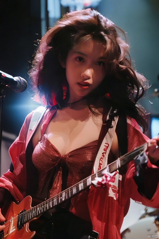 A masterpiece capturing the sensual allure of a sexy woman with a devilish figure,  enchanting the audience as she takes on the role of an electric guitarist. In a photorealistic style,  the image showcases her prominently large bust,  musical talent,  and rock-inspired sensuality. Set on a stage amidst musical instruments and amplifiers,  the electrifying atmosphere,  dramatic lighting,  and dynamic performance create an unforgettable experience. Expertly composed and ultra-high-resolution,  the image immerses viewers in the captivating presence and seductive musical prowess of the guitarist.,  1girl,  qsz,<lora:EMS-265307-EMS:0.900000>