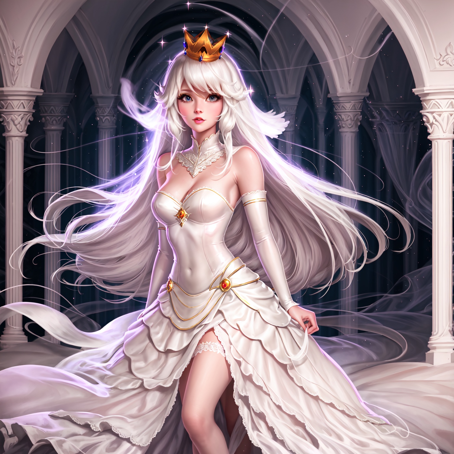 1 white-haired girl with silver crown, wearing white wedding dress and white stockings, standing indoors, dynamic ang <lora:Artist-Sakimichan:0.7>