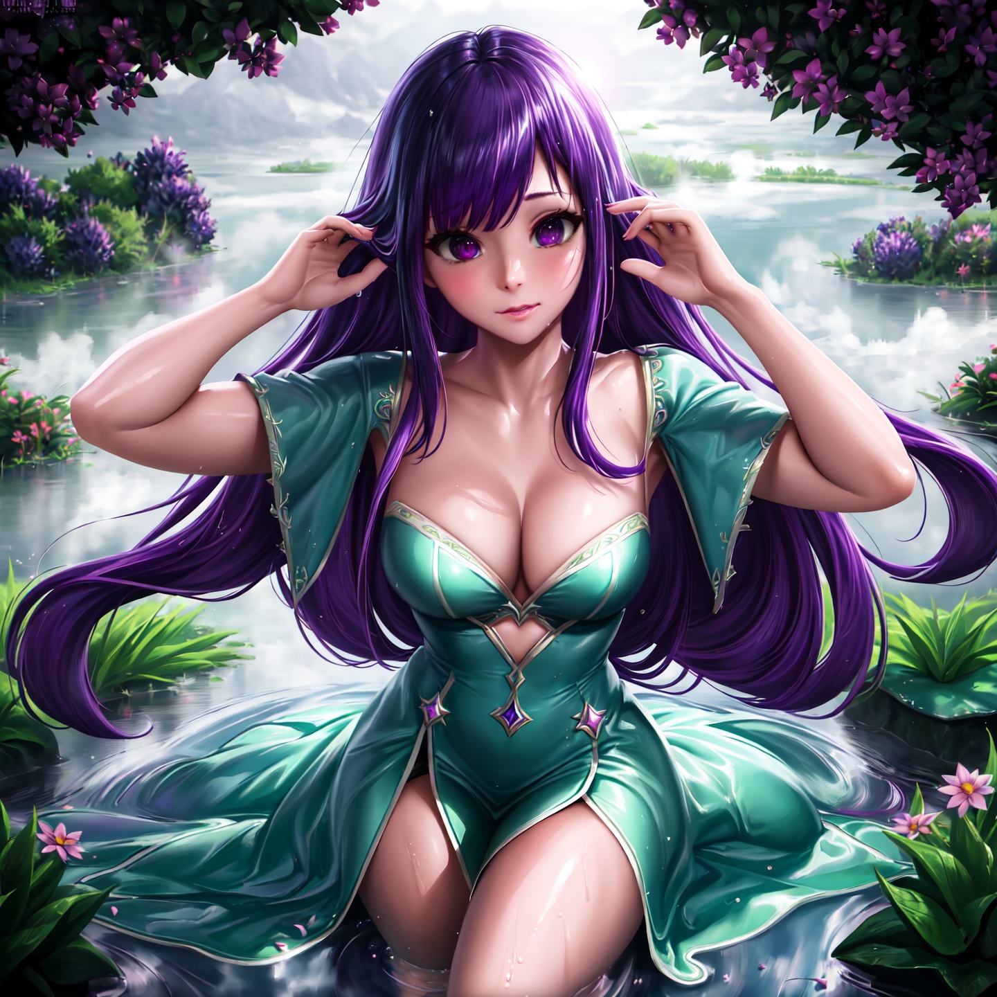 (((masterpiece))),(((best quality))),(((extremely detailed))),chromatic aberration abuse,pastel color,Depth of field,field,garden of the sun,shiny,water,river,stone,green hill zone,Purple tint,(Purple fog:1.3) <lora:Artist-Sakimichan:0.7>