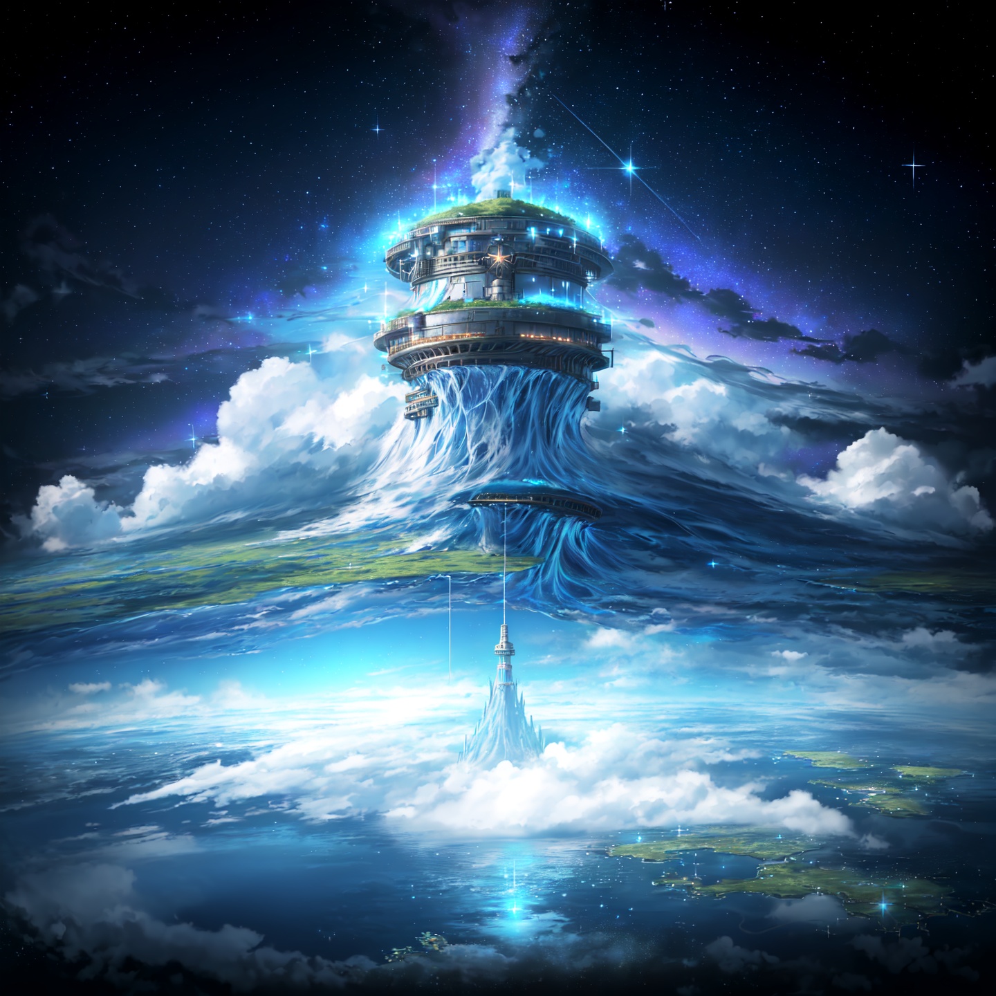 masterpiece, best quality, landscape, no humans, from above, over cloud  sea,oil painting \(medium\) fake sky,(multiple fake stars falling from  sky),floating star shape falling down,broken ground,(There is a kingdom  on an island that floats in the air with a mechanical power plant:1.3)<lora:Artist-Sakimichan:0.7>