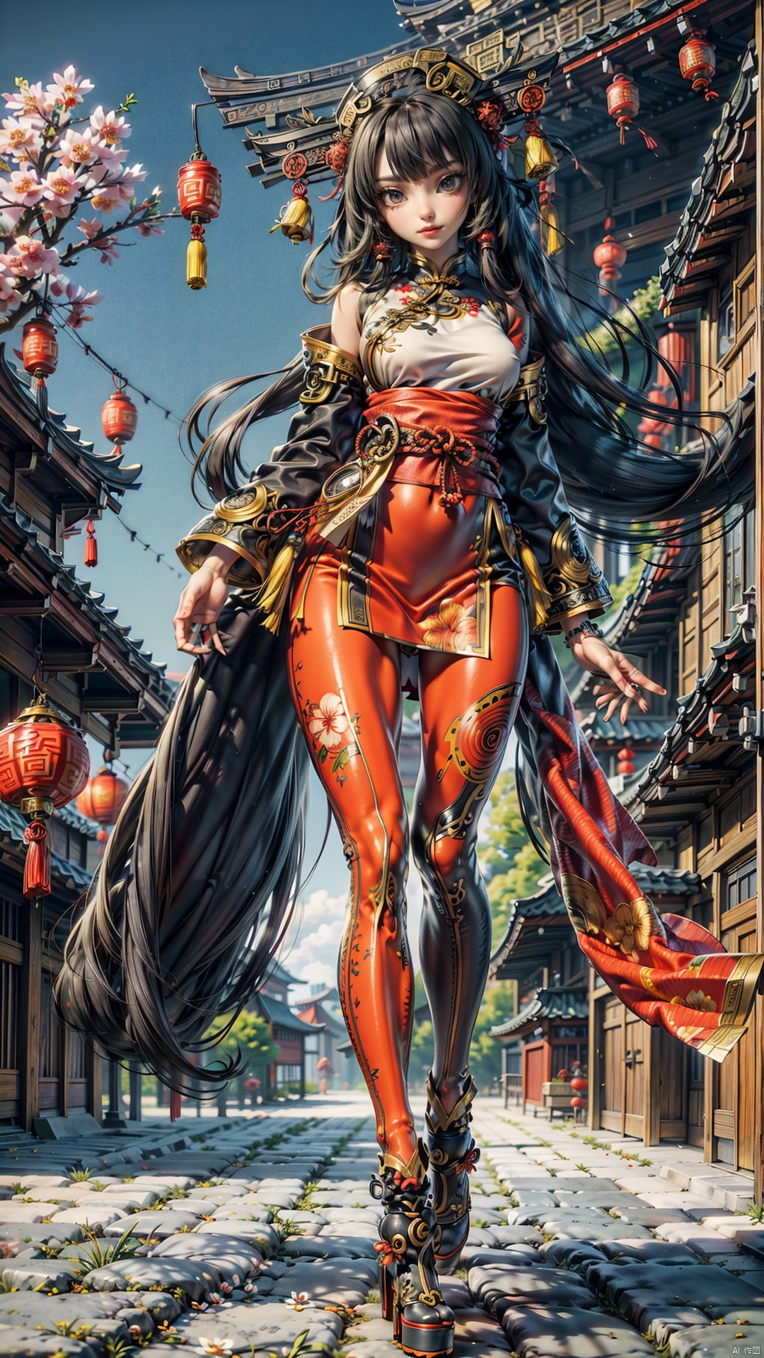  1girl,Chinese New Year,Welcoming Spring Girl,Spring welcome clothing,Hanfu,Chinese knot,Red Theme,White top,Big long legs,Red skirt,The huge mecha building behind it,full body,front,Animal mechs crossing over their feet,Tassel earrings,Looking up,Red leggings,ancient Chinese architecture,Red Lantern,Zhang **** Jie Cai,Full of joy and joy,Spring Festival couplets,Ancient Chinese script,Brown eyes,Clothing printing, neonrgbstyle, Hyung Tae Kim, BY MOONCRYPTOWOW, Wear loin cloth
