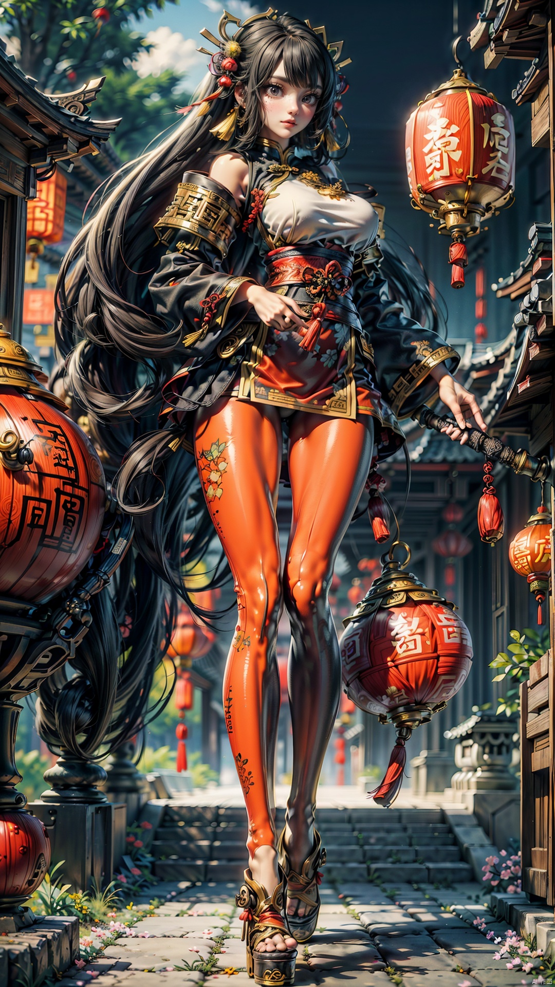  1girl,Chinese New Year,Welcoming Spring Girl,Spring welcome clothing,Hanfu,Chinese knot,Red Theme,White top,Big long legs,Red skirt,The huge mecha building behind it,full body,front,Animal mechs crossing over their feet,Tassel earrings,Looking up,Red leggings,ancient Chinese architecture,Red Lantern,Zhang **** Jie Cai,Full of joy and joy,Spring Festival couplets,Ancient Chinese script,Brown eyes,Clothing printing, neonrgbstyle, Hyung Tae Kim, BY MOONCRYPTOWOW, Wear loin cloth