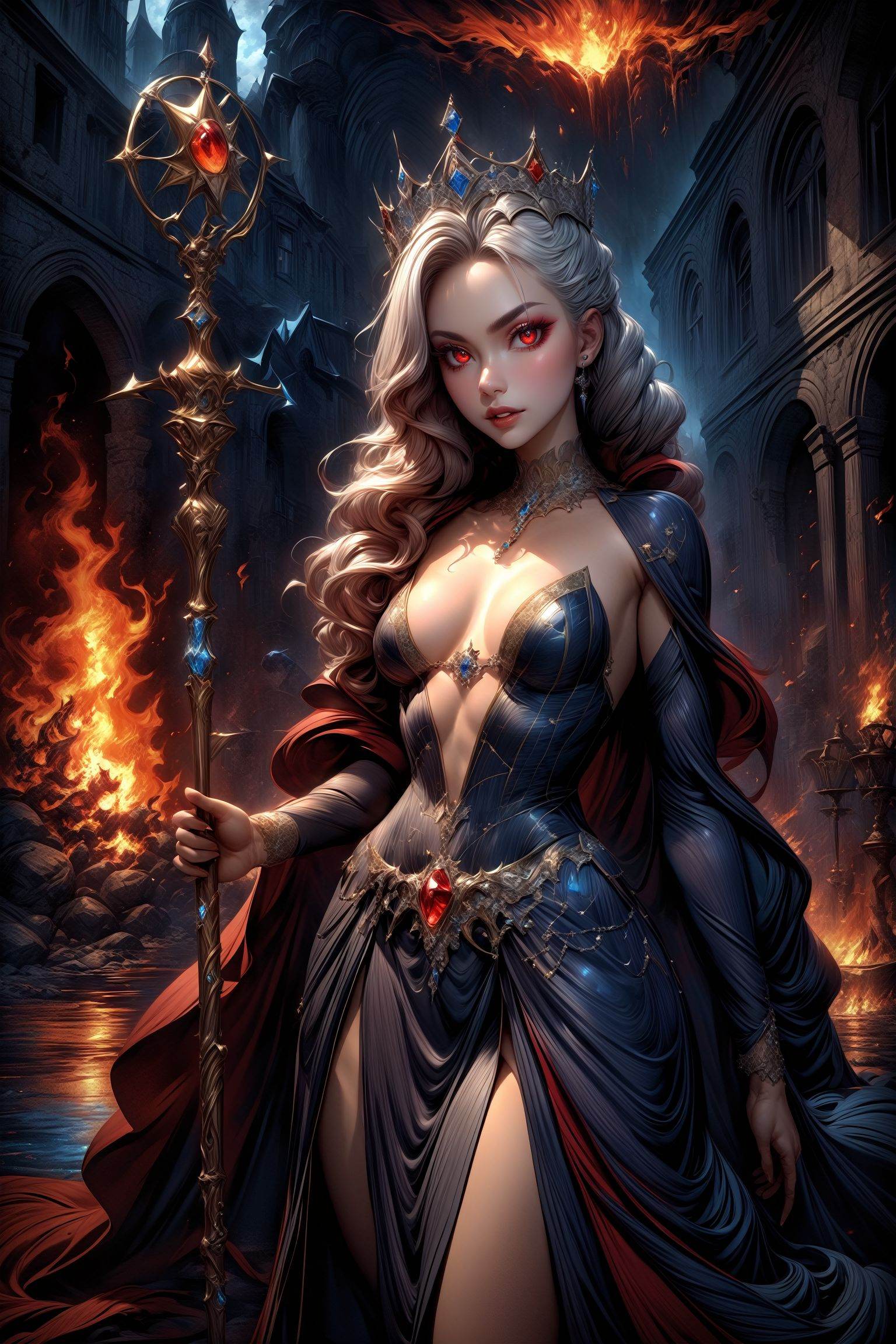 toned,  An elegant vampire in a jeweled crown and flowing gown,  holding star-patterned staff on Tensor.Art