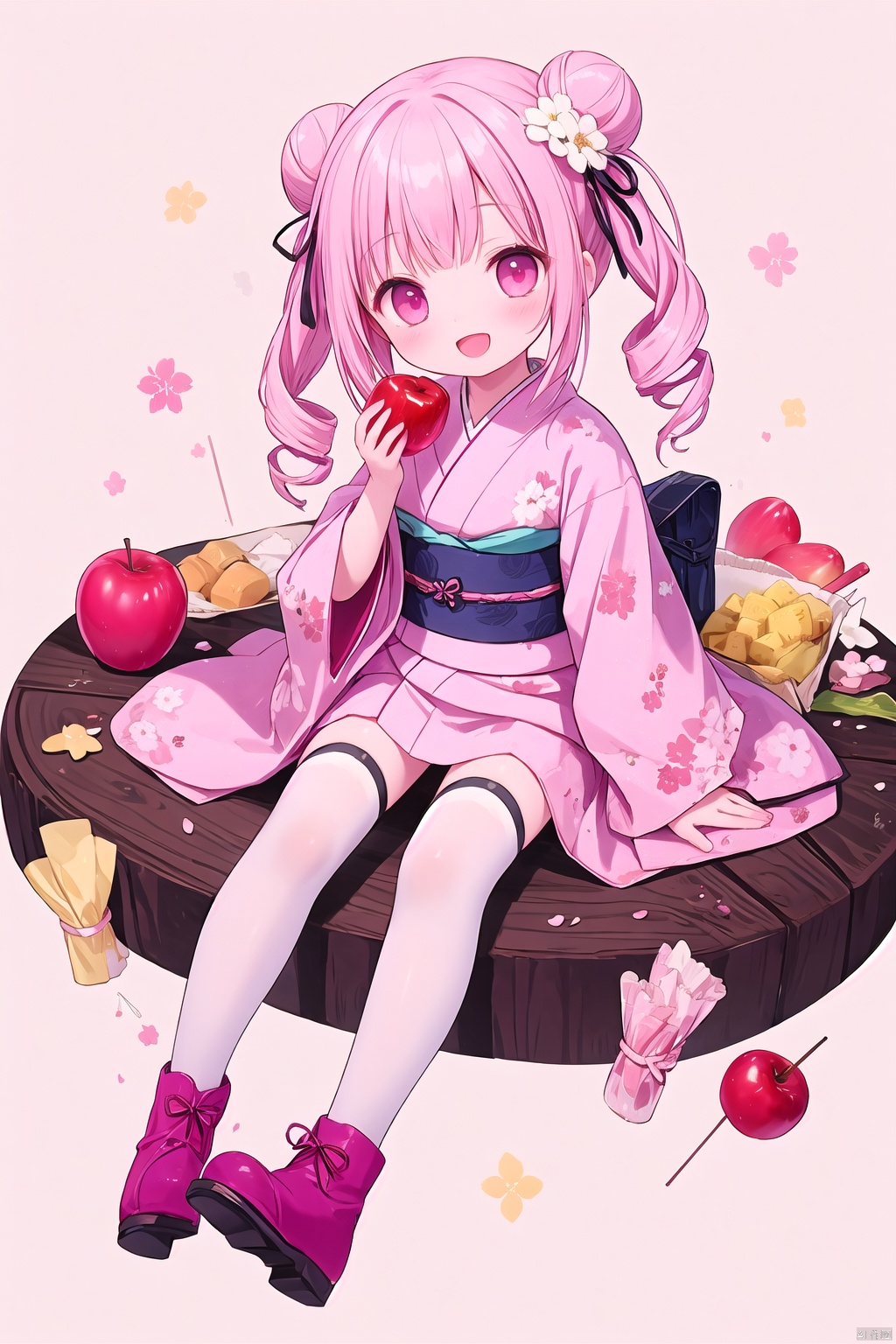 1girl,  maruyama_aya,  japanese_clothes,  food,  pink_hair,  open_mouth,  kimono,  hair_ornament,  bangs,  double_bun,  pink_eyes,  solo,  smile,  hair_flower,  boots,  hair_bun,  sitting,  holding,  flower,  candy_apple,  :d,  holding_food,  pink_kimono,  thighhighs,  floral_print,  alternate_hairstyle,  looking_at_viewer,  full_body,  sash,  obi,  pink_footwear,  sidelocks,  bag,  upper_teeth_only,  teeth,  white_background,  fish,  floral_background,  wide_sleeves,  blush,  white_thighhighs,  drill_hair,  long_sleeves,<lora:EMS-253580-EMS:0.500000>,<lora:EMS-260958-EMS:0.000000>,<lora:EMS-247618-EMS:0.000000>