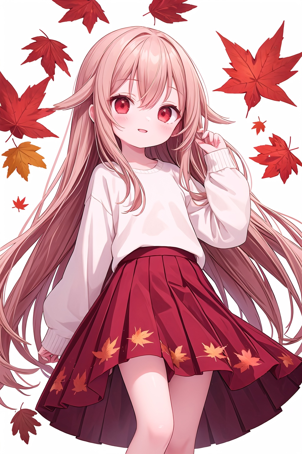 solo,long hair,red eyes,skirt,brown hair,leaf,bangs,white background,holding leaf,long sleeves,looking at viewer,holding,pleated skirt,parted lips,autumn leaves,white sweater,simple background,sweater,arm up,brown skirt,red skirt,maple leaf,very long hair,shirt,white shirt,ia-style(1girl,evil smile,blush),