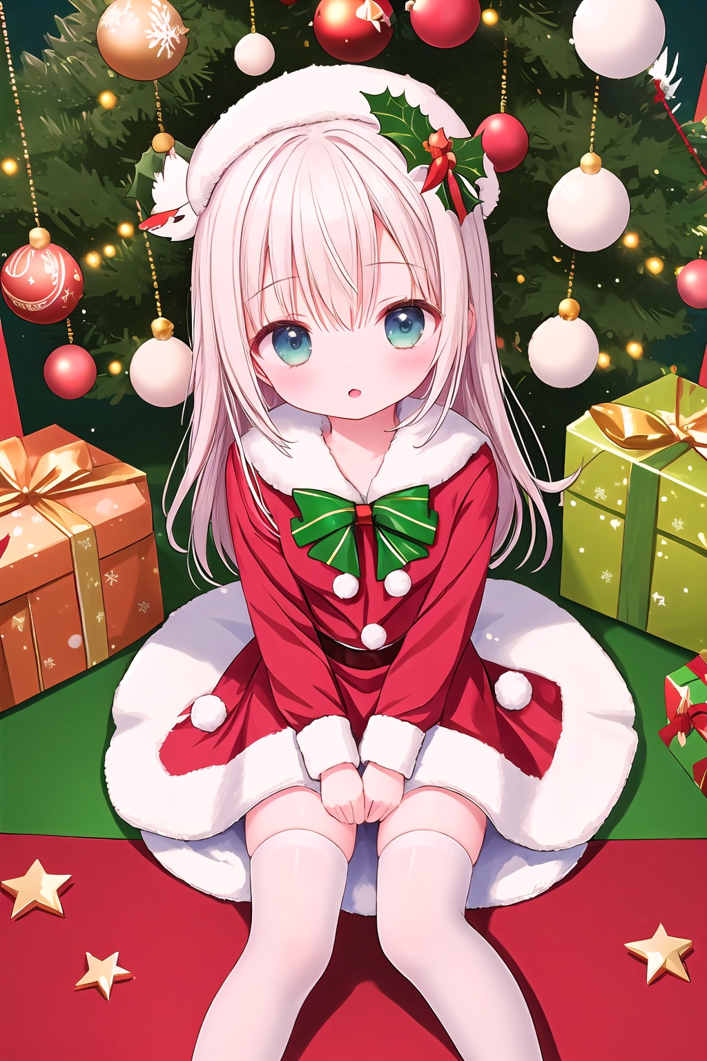 ((Birds view.)) 21yo girl, solo, looking at viewer, Wange_Hu_Christmas_dress, Christmas_dress,Christmas, Christmas tree, Christmas ornaments, , , 1girl, white thighhighs, black pantyhose,serafuku, loli