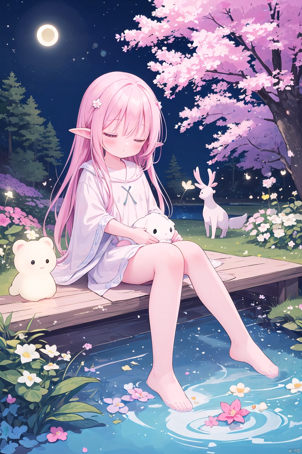 blush closed eyes flower heart star \(symbol\) pillow no humans animal moon crescent dog rabbit animal focus crescent moon bear (masterpiece,  top quality,  best quality,  beautiful and aesthetic:1.3), (1girl:1.3), (fractal art:1.3), original, extreme detailed, colorful, enchanted forest, nature, trees, dryad, antlers, pointy ears, flowers, active pose, full body, flower hair, bright color hair, glowing hair, divine, goddess, barefoot, doll face, upturned eyes, long eyelashes, animals, birds, sitting, (nude:0.5), looking away, ((glowing water)), middle of a lake, flower bed, ((wisps)), (night), petite