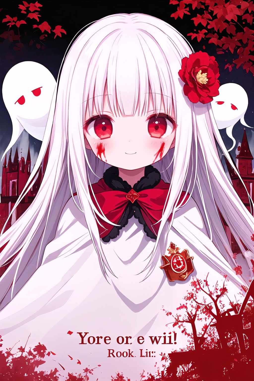 1girl,(loli:1.2),red eyes,white cape,expressionless,(white hair),long hair,red hair flower,(blood:1.2),(ghost castle:1.2),(english text),silhouette,Long bangs,evil smile,cover,