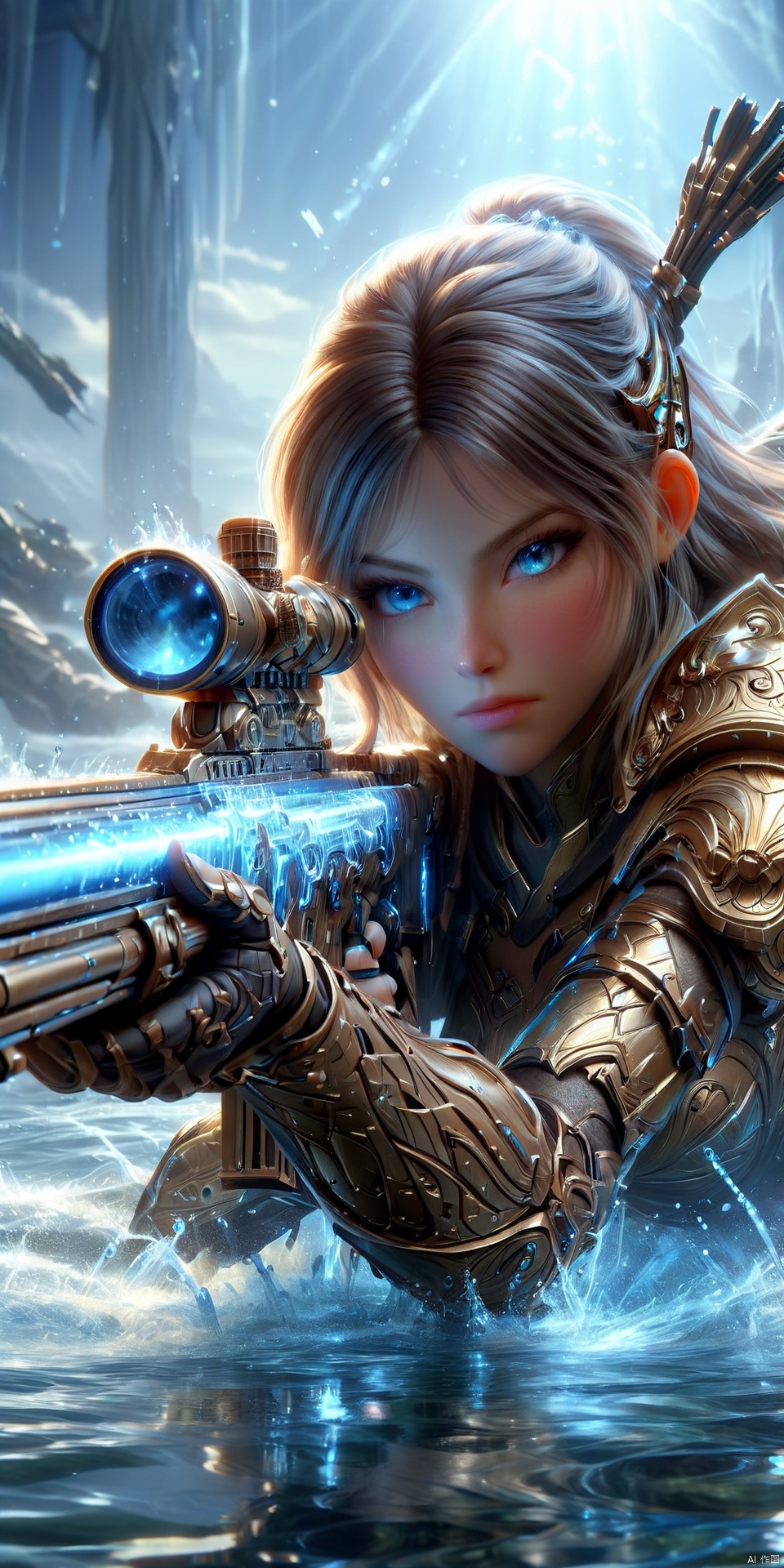 an realistic image of a female fantasy game character laying on the gorund, wielding glowing Sniper Rifle made of water, aiming at the camera, wearing armor, water allay in background, digital art, HD, masterpiece, best quality, hyper detailed, ultra detailed,
