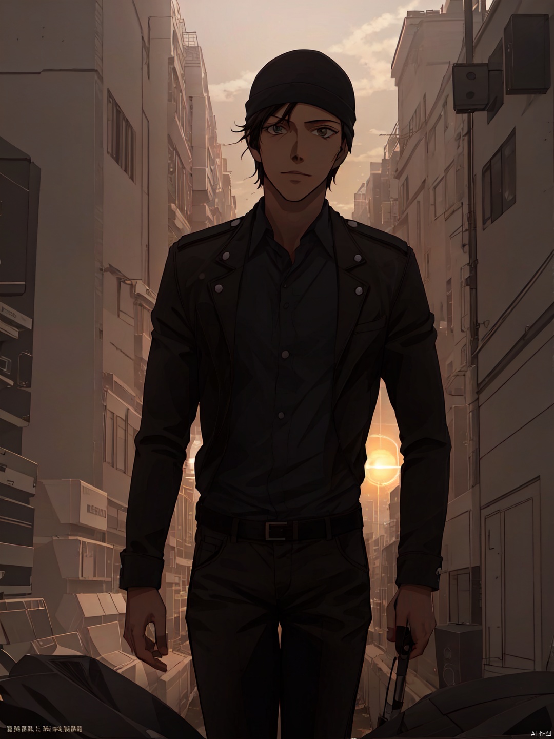 Akai, Best quality, masterpiece, Extremely high resolution, solo, 1boy, male focus, hat,looking at viewer,Akai, backlight, Cyberpunk Concept