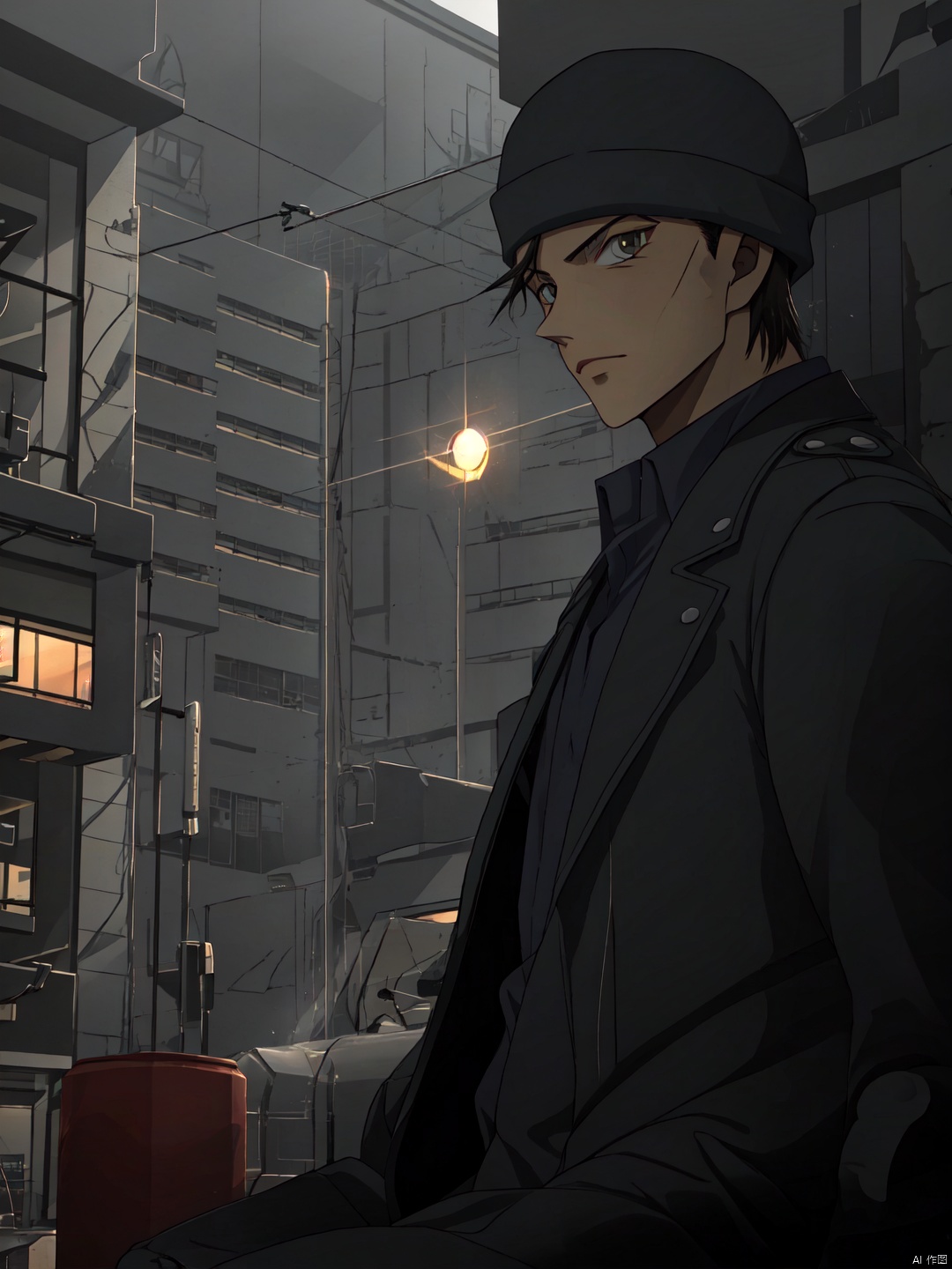 Akai, Best quality, masterpiece, Extremely high resolution, solo, 1boy, male focus, hat,looking at viewer,Akai, backlight, Cyberpunk Concept