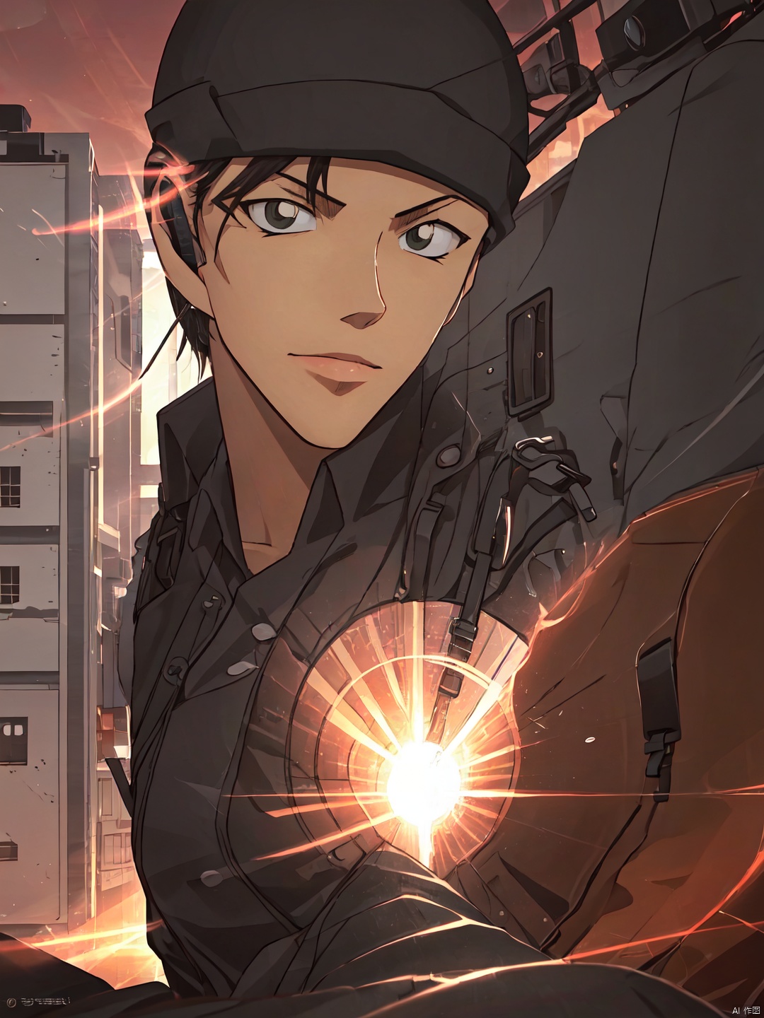 Akai, Best quality, masterpiece, Extremely high resolution, solo, 1boy, male focus, hat,looking at viewer,Akai, backlight, Cyberpunk Concept