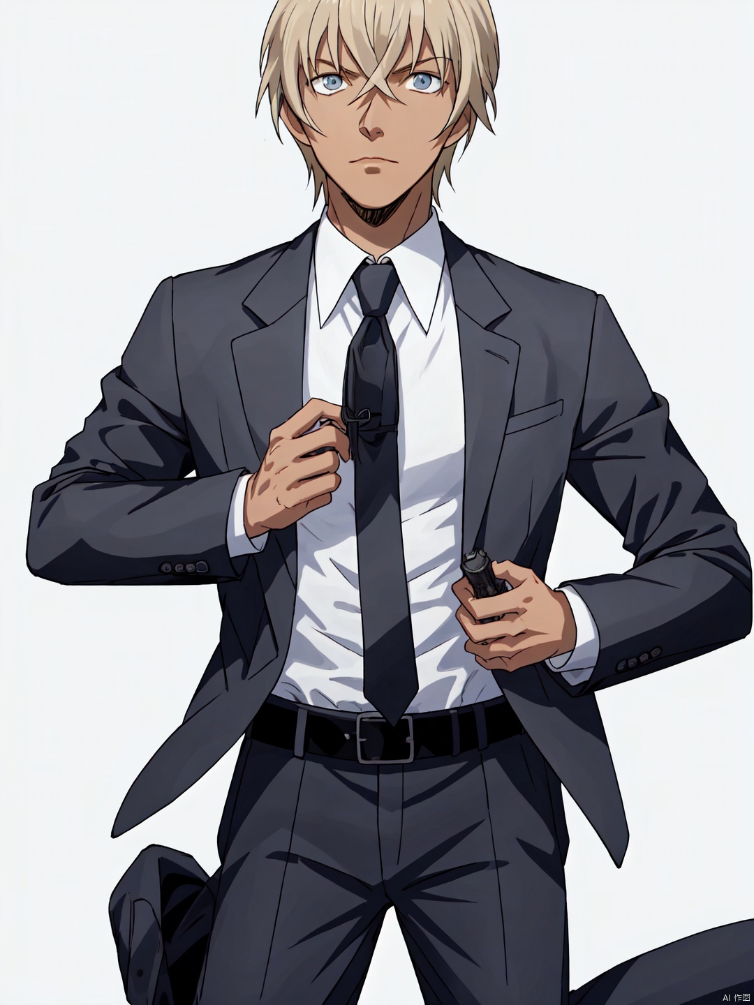 Rei,1boy,solo, short hair, bangs, blue eyes, blonde hair, simple background, shirt, long sleeves, 1boy, white background, holding, hair between eyes, closed mouth, standing, jacket, white shirt, weapon, male focus, open clothes, necktie, collared shirt, belt, pants, dark skin, holding weapon, open jacket, black jacket, gun, looking to the side, black pants, formal, dark-skinned male, suit, holding gun, black necktie, black belt, serious, grey pants, Rei
