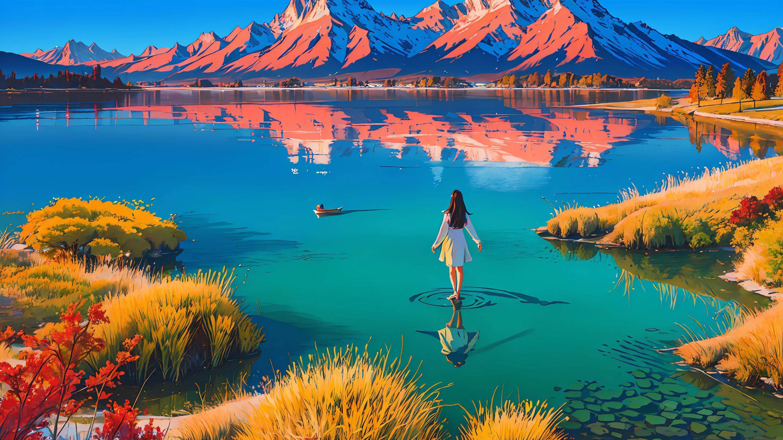 (lake)a beautiful girl,(school uniform)(lake that can walk)she is walking on the lake.because this lake is shining,she is reflected her panty from below.(lake is calm)(anime)(illustration)(from back)(ultra quality)(perfect body)(perfect anatomy)(close up field 0.7)she is 18 years old.