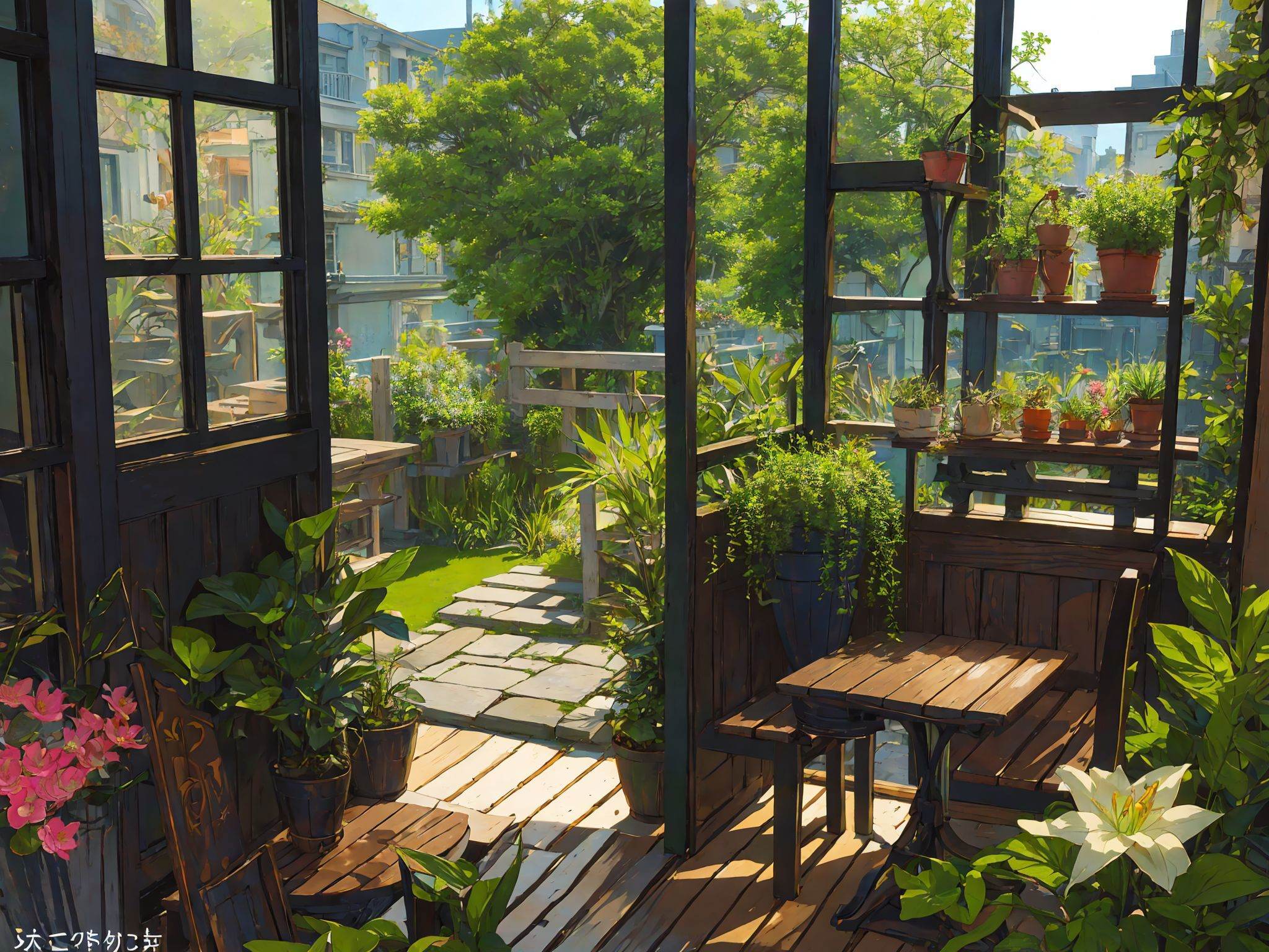 (micro-landscape:1.5),(best quality), ((masterpiece)), (highres), illustration, original, extremely detailed wallpaper, no humans, window, scenery, plant, water, potted plant, outdoors, building, door, house,  flower pot, day, lily pad, chair, flower, table, stairs, watermark, hat, tree,  sunlight, pond, grass, indoors,  reflection, lamp, balcony, black headwear, bush, sky, railing, desk, open window, shelf, leaf, book, web address, copyright name, ladder, architecture, shadow, solo, dated, vines, vase, city, cafe, lantern, bucket, ruins, bench, shop, signature, moss, boat, barrel, river,