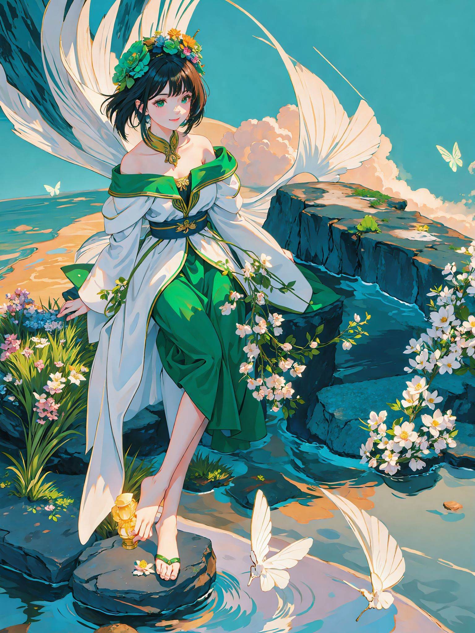 [(white background:1.5)::5], hexagon, [[[1 girl]]], (black hair | green hair),mid shot, full body, butterflies, flowers,floating petal,stone fragment, beautiful detailed water,cloud,sun,dusk,sunset,beautiful detailed gate,sit_on_stone,floral headwear,light smile, stone ocean, 