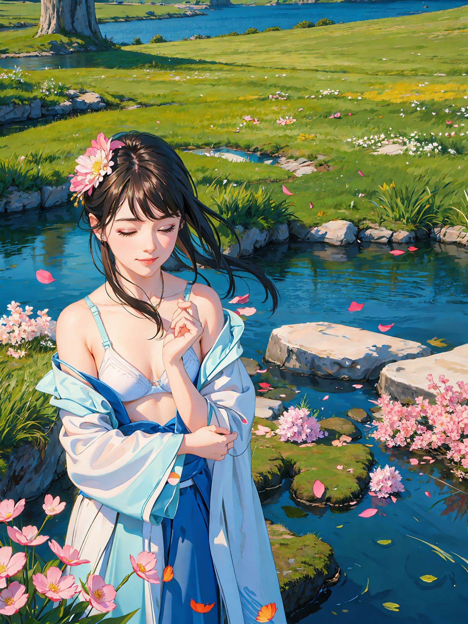 (8k, best quality, masterpiece:1.2), (realistic, photo-realistic:1.5),1girl, cute, sitting, dating, (smile:1.15), (closed mouth) medium breasts, beautiful detailed eyes,  <lora:hanfu_v20:0.5>,(Hanfu, tang, Tang Dynasty, Tang clothing: 1.4),full body,  <lora:3loraGuofeng3Lora_v32LoraBigLight:0.5>,  <lora:goutouLora_v20:0.5>, ((topless)), ((bra)), beautiful and delicate water, the finest grass, very delicate light, nature, painting, water spray, breeze, flowers and grass meadow, near the water edge, (sunset, starry sky in a circle), randomly distributed clouds, river, splashing water, falling petals 