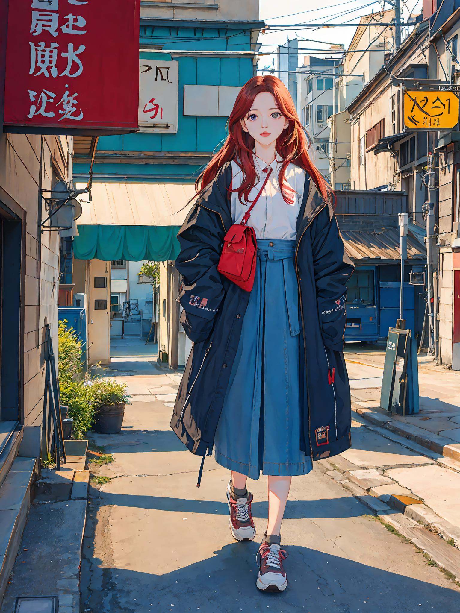 (ins style: 1.5), (masterpiece), 8k wallpaper, illustration, 1 girl, (single player: 1.5), (red perm), (hair decoration), sitting on the side of the road, in the old town, (real street view: 1.4), [warm light], (dilapidated and complex street scene), (frigid face: 1), [Japanese student uniform | top], [Japanese student skirt], (bell mouth), (rich colors), [jeans ], (sneakers), [clear Japanese background], [japanese street shop], [(gaze)|(horizontal angle of view)], (dynamic angle), (light), (daytime: 1.3), [(background clearly visible )|(complicated Japanese street scene)], (quiet atmosphere), (peaceful), [(quiet)|(considerate)], (exquisite face), (detailed face), (special, the most good aesthetic, new, latest, best quality, masterpiece, very detailed, anime:1.2), ulzzang-6500-v1.1, <lora:girlhandfix:0.3>, <lora:aespaKarina_aespaKarinaV2:0.5>, <lora:画风唯美Samia:0.5>