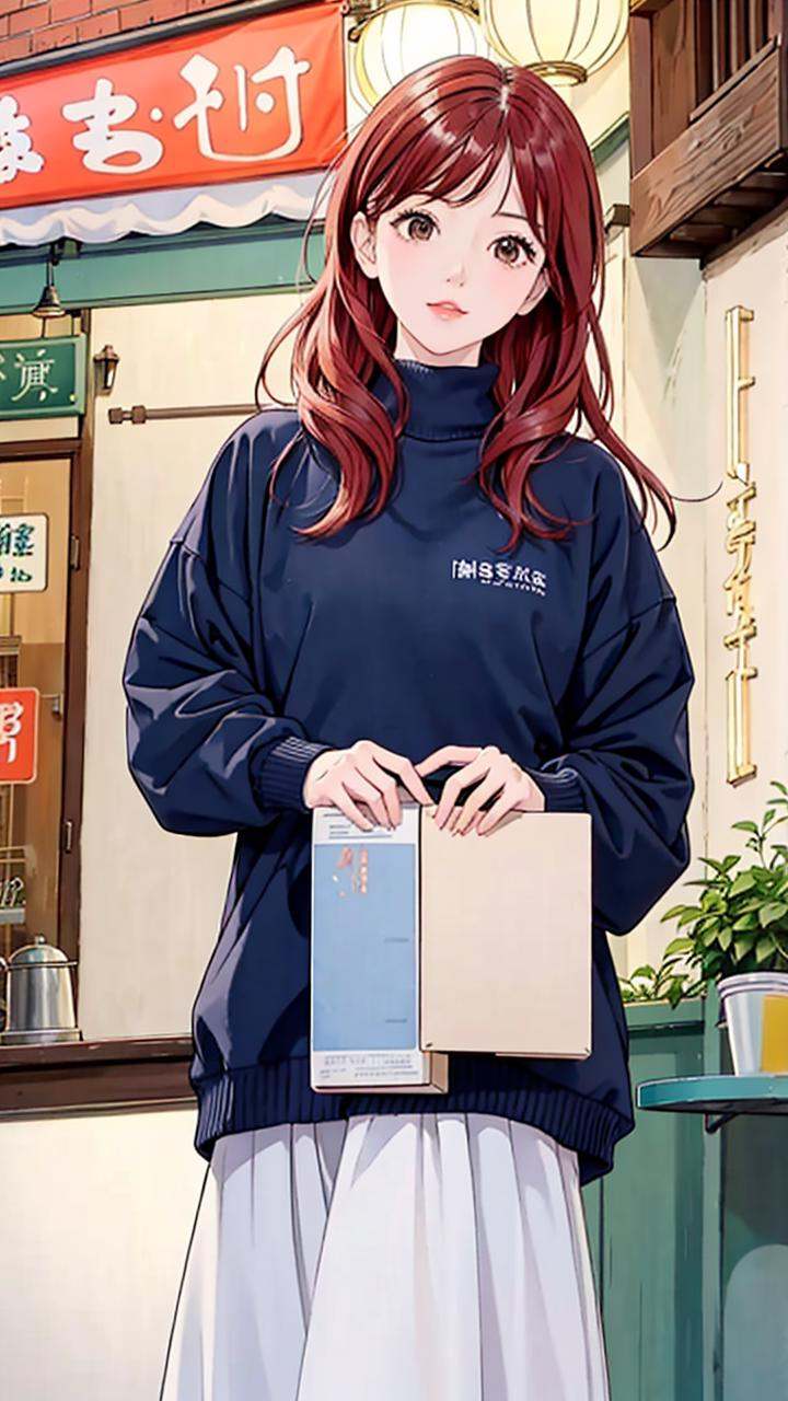(ins style: 1.5), (masterpiece), 8k wallpaper, illustration, 1 female, (solo: 1.5), (red hair), (hair accessories), standing, in the old town, (coffee shop: 1.4), [warm Light】,(shabby and complicated street scene),(frigid face: 1),【Japanese student clothes|tops】,【Japanese student skirt】,(pleated),(bell mouth),(rich colors),【white Stockings], (sneakers), [clear Japanese background], [Japanese street shop], [(gaze)|(horizontal view)], (dynamic angle), (light), (daytime: 1.3), [(background clear Visible)|(complicated Japanese street scene)], (quiet atmosphere), (peaceful), [(serene)|(thoughtful)], (bookworm), (nerd),(exceptional,best aesthetic,new,newest,best quality,masterpiece,extremely detailed,anime:1.2),ulzzang-6500-v1.1,<lora:girlhandfix:0.3>, <lora:画风唯美Samia:0.5>, <lora:chilloutmixss_xss10:0.3>