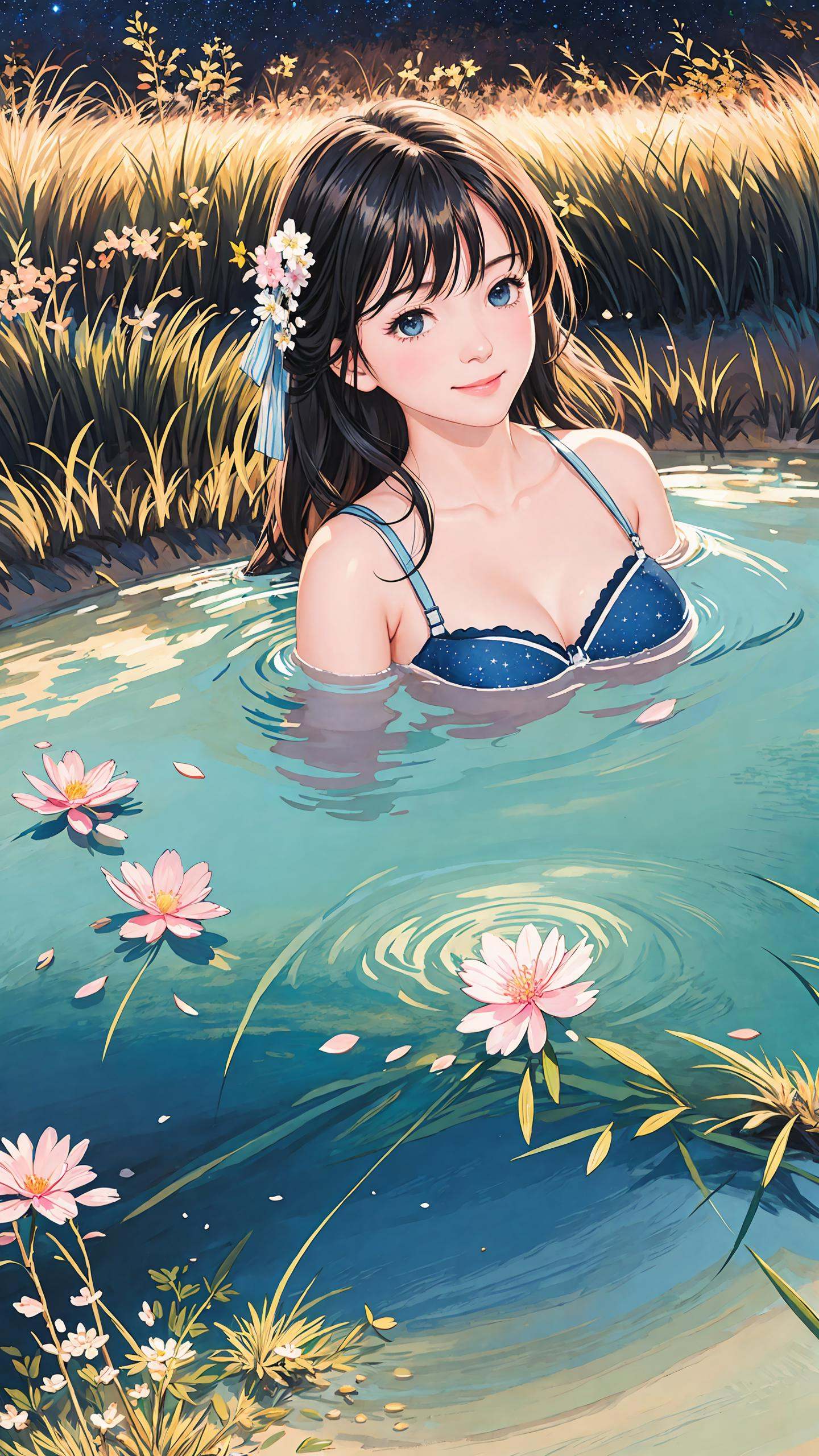 (8k, best quality, masterpiece:1.2), (realistic, photo-realistic:1.5),1girl, cute, sitting, dating, (smile:1.15), (closed mouth) medium breasts, beautiful detailed eyes, <lora:hanfu_v20:0.5>,(Hanfu, tang, Tang Dynasty, Tang clothing: 1.4),full body, <lora:3loraGuofeng3Lora_v32LoraBigLight:0.5>, <lora:goutouLora_v20:0.5>, ((topless)), ((bra)), beautiful and delicate water, the finest grass, very delicate light, nature, painting, water spray, breeze, flowers and grass meadow, near the water edge, (sunset, starry sky in a circle), randomly distributed clouds, river, splashing water, falling petals