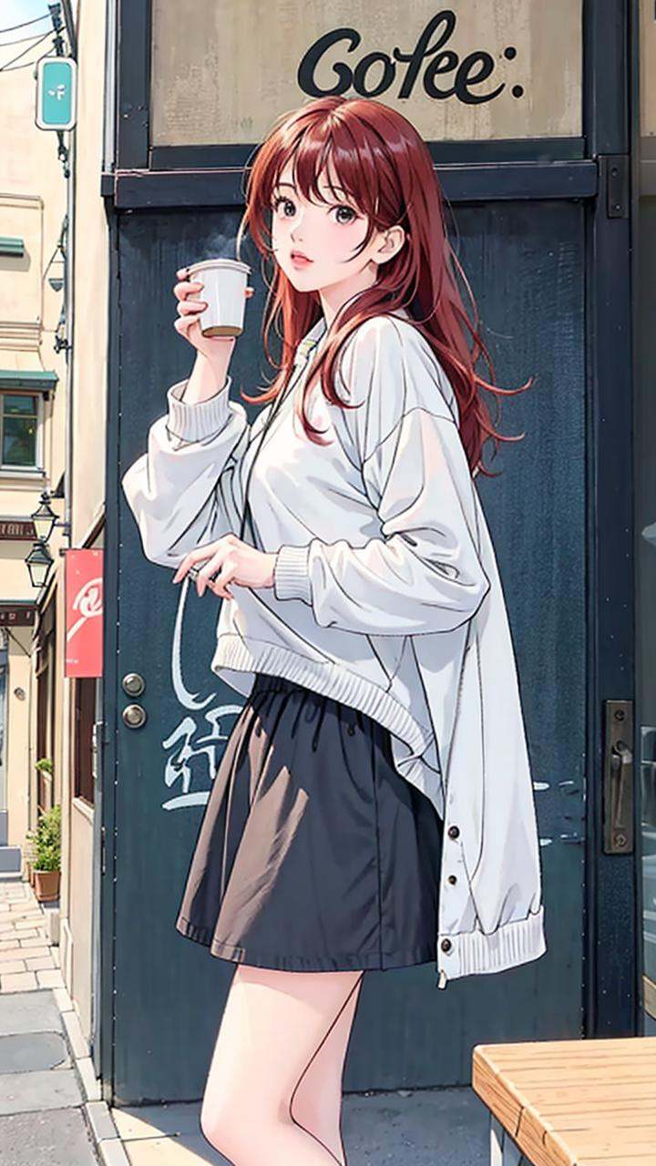 (ins style: 1.5), (masterpiece), 8k wallpaper, illustration, 1 female, (solo: 1.5), (red hair), (hair accessories), standing, in the old town, (coffee shop: 1.4), [warm Light】,(shabby and complicated street scene),(frigid face: 1),【Japanese student clothes|tops】,【Japanese student skirt】,(pleated),(bell mouth),(rich colors),【white Stockings], (sneakers), [clear Japanese background], [Japanese street shop], [(gaze)|(horizontal view)], (dynamic angle), (light), (daytime: 1.3), [(background clear Visible)|(complicated Japanese street scene)], (quiet atmosphere), (peaceful), [(serene)|(thoughtful)], (bookworm), (nerd),(exceptional,best aesthetic,new,newest,best quality,masterpiece,extremely detailed,anime:1.2),ulzzang-6500-v1.1,<lora:girlhandfix:0.3>, <lora:画风唯美Samia:0.5>, <lora:chilloutmixss_xss10:0.3>