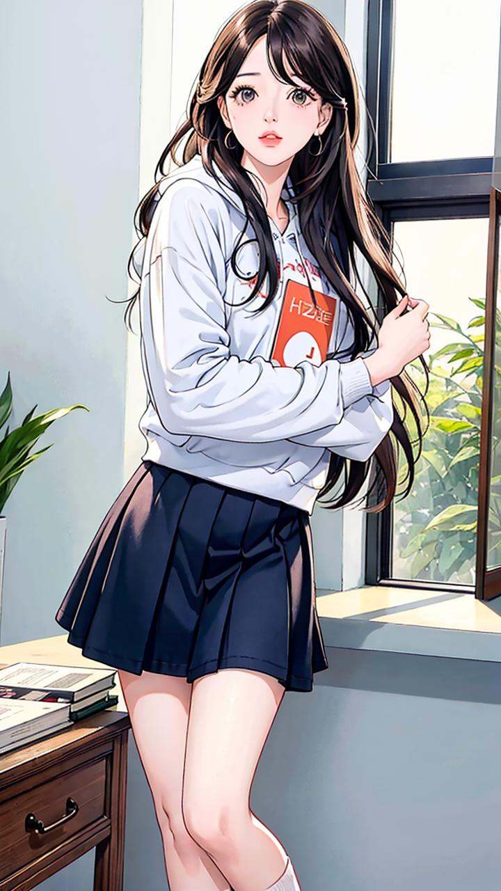 dreamlikeart,(ins style: 1.5), (masterpiece), 8k wallpaper, illustration,( 1 girl, 25 years old,(solo: 1.5), (hair), (hair accessories), standing, desk, (real street view: 1.4), [warm Light], (the bookshelf is full of books), (tsundere face: 1), [hoodie top], [hoodie skirt], (pleated), (flare mouth), (rich colors) ,[white stockings], (sneakers), [the setting sun is outside the window], [holding a book in hand], [(gazing)|(horizontal viewing angle)], (dynamic angle), (light), (daytime :1.3), [(window behind) )|(interior detailed furniture)], (quiet atmosphere), (peaceful), [(tranquil)|(real window view)], (special, best aesthetic, New, Latest, Best Quality, Masterpiece, Very Detailed:1.2 ), ulzzang-6500-v1.1, <lora:girlhandfix:0.3>, <lora:画风唯美Samia:0.5>, <lora:chilloutmixss_xss10:0.3>