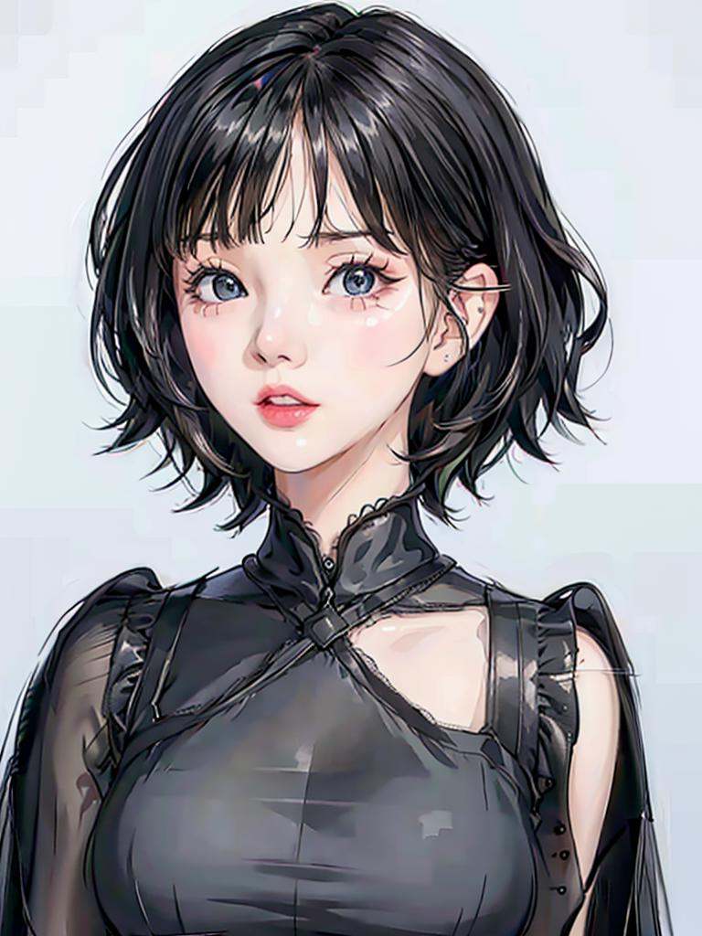 room in background with men's clothing, detailed background,PromptTXT2IMGeunha in black dress,  short hair, hair bangs, half body , hyper realistic lifelike texture dramatic lighting unrealengine trending on artstation,award winning photo,nikon RAW photo,8 k,Fujifilm XT3,masterpiece, best quality, realistic, photorealistic,ultra detailed,extremely detailed face, <lora:eunha_v10:0.77>