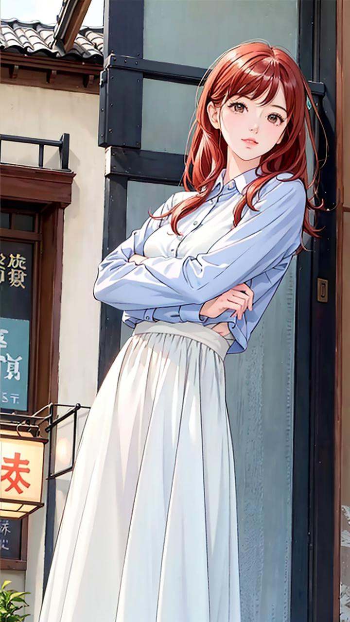 (ins style: 1.5), (masterpiece), 8k wallpaper, illustration, 1 female, (solo: 1.5), (red hair), (hair accessories), standing, in the old town, (coffee shop: 1.4), [warm Light】,(shabby and complicated street scene),(frigid face: 1),【Japanese student clothes|tops】,【Japanese student skirt】,(pleated),(bell mouth),(rich colors),【white Stockings], (sneakers), [clear Japanese background], [Japanese street shop], [(gaze)|(horizontal view)], (dynamic angle), (light), (daytime: 1.3), [(background clear Visible)|(complicated Japanese street scene)], (quiet atmosphere), (peaceful), [(serene)|(thoughtful)], (bookworm), (nerd),(exceptional,best aesthetic,new,newest,best quality,masterpiece,extremely detailed,anime:1.2),ulzzang-6500-v1.1,<lora:girlhandfix:0.3>, <lora:画风唯美Samia:0.5>, <lora:chilloutmixss_xss10:0.3>