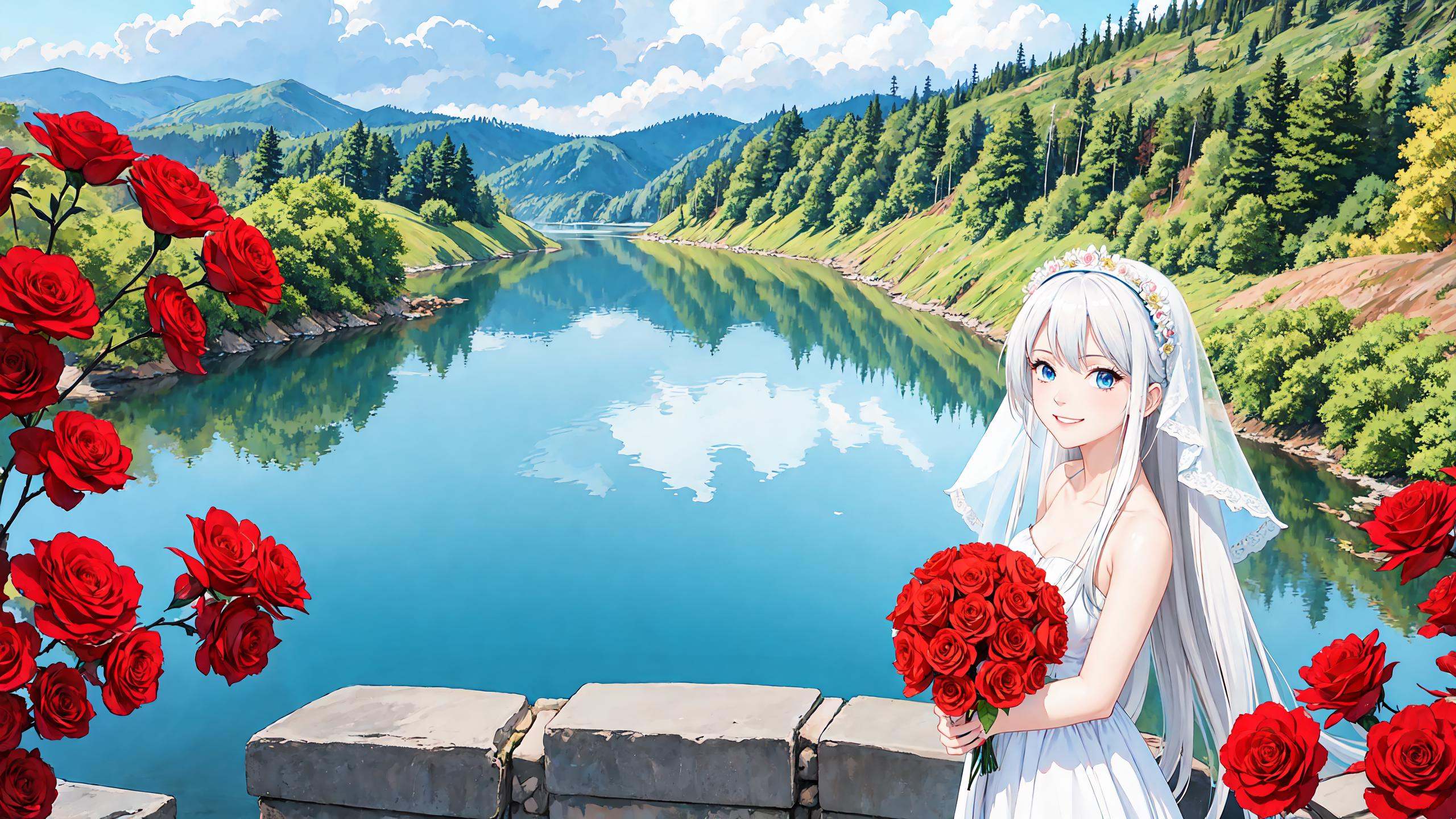 masterpiece,best quality, 1girl, bare shoulders, white hair, veil, blue eyes, very long hair, grin, bouquet, day, dress, flower, holding, holding bouquet, lake, looking at viewer, nature, outdoors, red flower, rose, solo, standing, tree, water, water drop, waterfall, wet sky, cloudy sky, building, sun