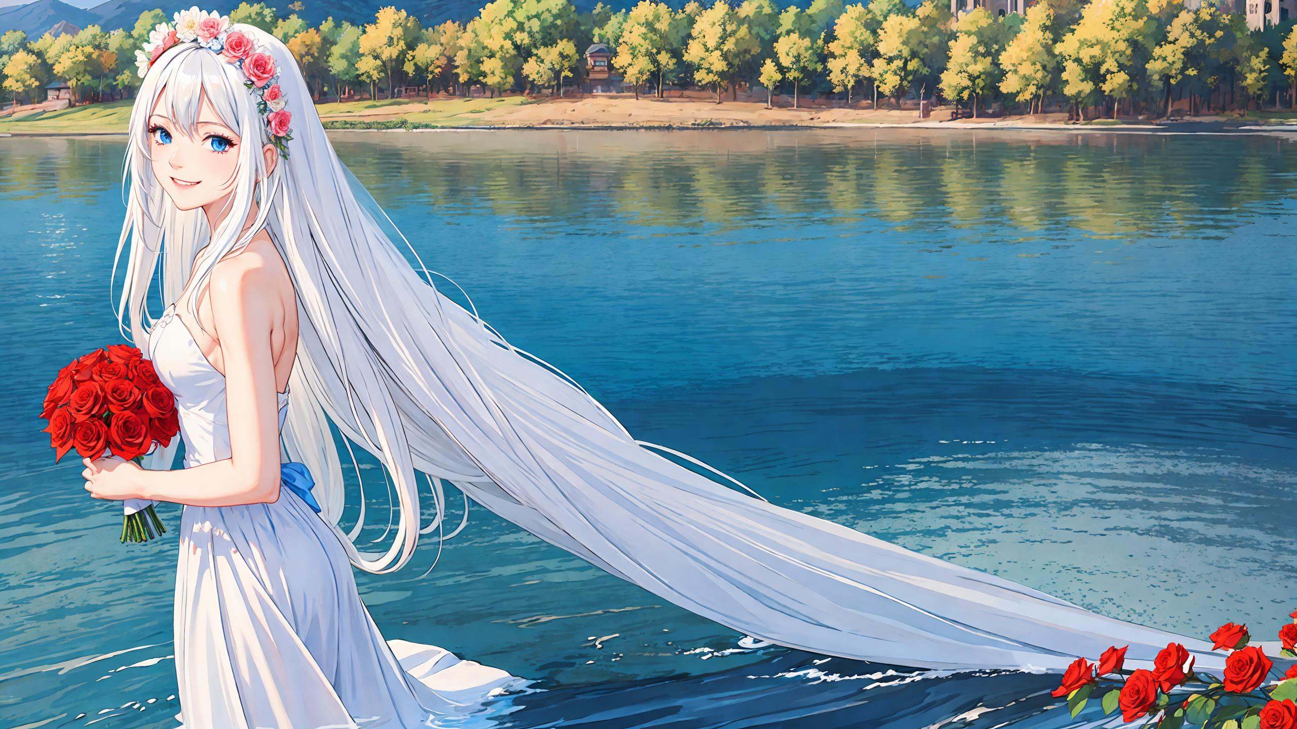 masterpiece,best quality, 1girl, bare shoulders, white hair, veil, blue eyes, very long hair, grin, bouquet, day, dress, flower, holding, holding bouquet, lake, looking at viewer, nature, outdoors, red flower, rose, solo, standing, tree, water, water drop, waterfall, wet sky, cloudy sky, building, sun