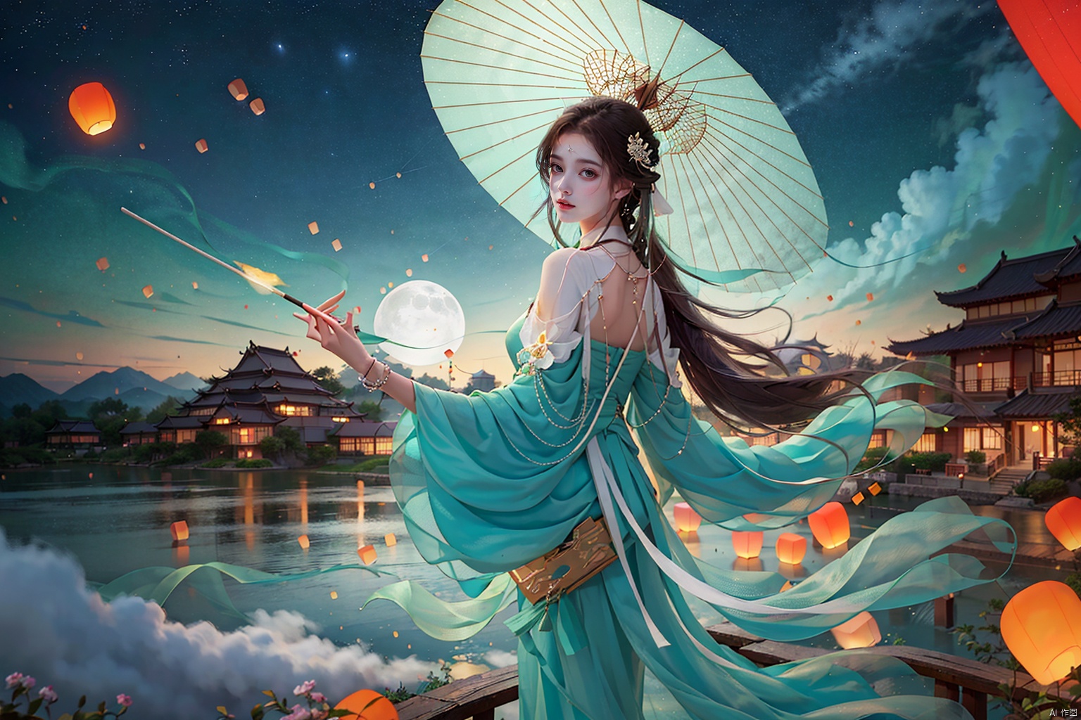  masterpiece,(best quality),official art, extremely detailed cg 8k wallpaper,((crystalstexture skin)), (extremely delicate and beautiful),highly detailed
ruomeng, full moon, moon, night, night sky, oil-paper umbrella, star \(sky\), starry sky, umbrella, sky, crescent moon, shooting star, parasol, holding umbrella, planet, lantern, paper lantern, jewelry, 1girl, long hair, red umbrella, moonlight, skyline, space, constellation, castle, hanfu, necklace, solo, building, earth \(planet\), starry sky print, bracelet, galaxy, aurora, city, cloud, pagoda, Chinese style