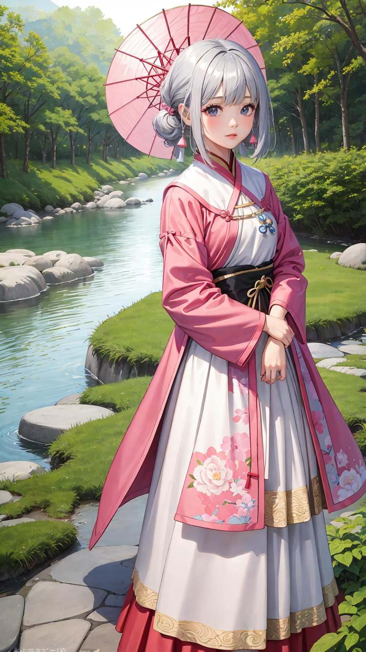 (8k, RAW photo, best quality, masterpiece:1.2),miniature, isometric, landscape,chibi,18yo girl,ming hanfu, (ming style outfits, 1girl wearing  pink short coat and pink mamian skirt,overlapping collar:1.2),(full body:1.2),floral background, oil paper umbrella,long hair, silver hair,(beautiful detailed face), (beautiful detailed eyes),(beautiful finger)mini\(ttp\),landscape,miniature