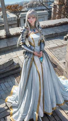 (masterpiece:1.4, best quality:1.4),(real material),ray tracing,(solo,1girl:1.3),(knight),(princess),leaning on wall,white hair,short hair,crossed bangs,(blue eyes, slit pupils:1.2),hubrael,(silver armor:1.5),(yellow mantle with gold ornaments:1.2),white lace-trimmed kneehighs,white dress with gold decoration,sapphire ring,blue neck ribbon,Gemological ornaments,delicate gold metal decorations,earringsExquisite cloth,Noble, elegant, royal, expensive, rich, exquisite,relaxed,detailed background,outdoors,Stone pillars, grass, trees, boulders,hilltop,Valley,Stand on top of a hill, river,Castle in the distance,A distant town,bridge,,reflection, style, fantasy, fantasy,Middle Ages, Romanticism, honor, freedom, courage, wisdom, beauty,