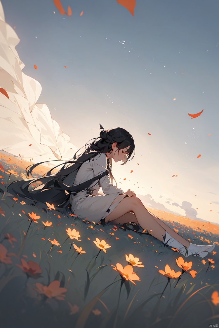 sitting in a flower field,smoke,flame,disaster,Fearsome,burningblossom,flare flying,A melancholic autumn scene in a vast flower field,a gentle breeze rustling through the dry grass,fallen leaves scattered among the flowers,a bittersweet atmosphere,a moment of quiet contemplation,1girl,long hair,white_skirt,high-waist_shorts,outfit,roses,(dynamic angle:1.1),vivid,Soft and warm color palette,delicate brushwork,evocative use of light and shadow,wide shot,subtle details in the wilting flowers,high contrast,color contrast,covering,
