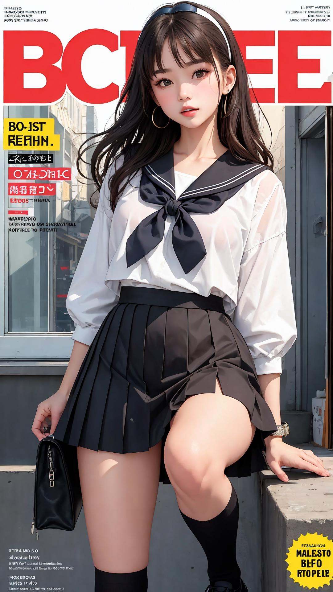 (masterpiece:1.4, best quality:1.4), illustrations, (solo:1.2), (original), (very detailed wallpaper), photographic reality, (ultra detailed:1.4), (super complex details), (Magazine cover-style illustration of a fashionable JK schoolgirl in a stylish outfit), posing in front of a colorful and dynamic background. She has a confident expression and is wearing a chic sailor-style uniform, including a pleated skirt and knee-high socks. Her (black|brown hair) features trendy hair accessories, and her makeup is fashionable. The text on the cover should be bold and attention-grabbing, with the title of the magazine and a catchy headline. The overall style should be modern and trendy, with a focus on Japanese schoolgirl fashion and lifestyle.