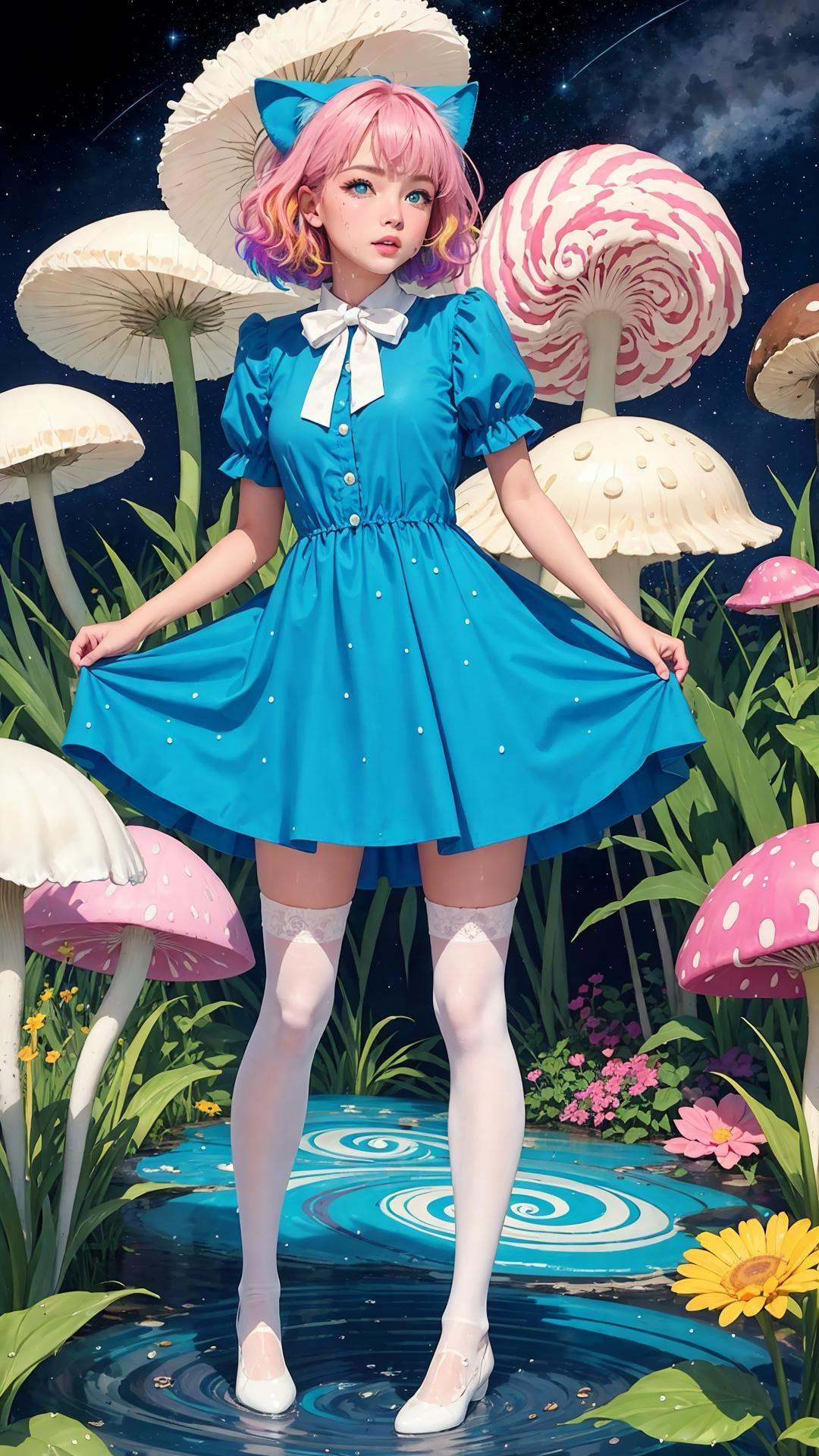 (Highest picture quality), (Master's work), (Detailed eye description), (8K wallpaper),(swirl:1.3),beautiful girl,(cat ears:1.2),(pink hair),bowtie on neck,blunt bangs, blue eyes,(1980s), (Detailed face description),(white background:1.4),(mid shot:0.95),(full body:1.25),Dynamic angle,[Bottle bottom],(swirl:1.3),surrounded by giant mushrooms and colorful butterflies.no shoes,(wet) clothes,(wet) thighhighs, she explores the strange and wondrous garden. (blush),the color of candyfloss, adorned with a pair of oversized bows.and a butterfly in the other hand. The atmosphere is whimsical and playful, it's clear that she is in her element and enjoying the moment of the fantastical garden.((Starry sky adorns beautiful detailed colorful ink splash dress)),(((colorful))),(multicolored:1.3),(blue),(purple),(yellow),(cyan),black,(green),(((colorful))),(swirl:1.3),