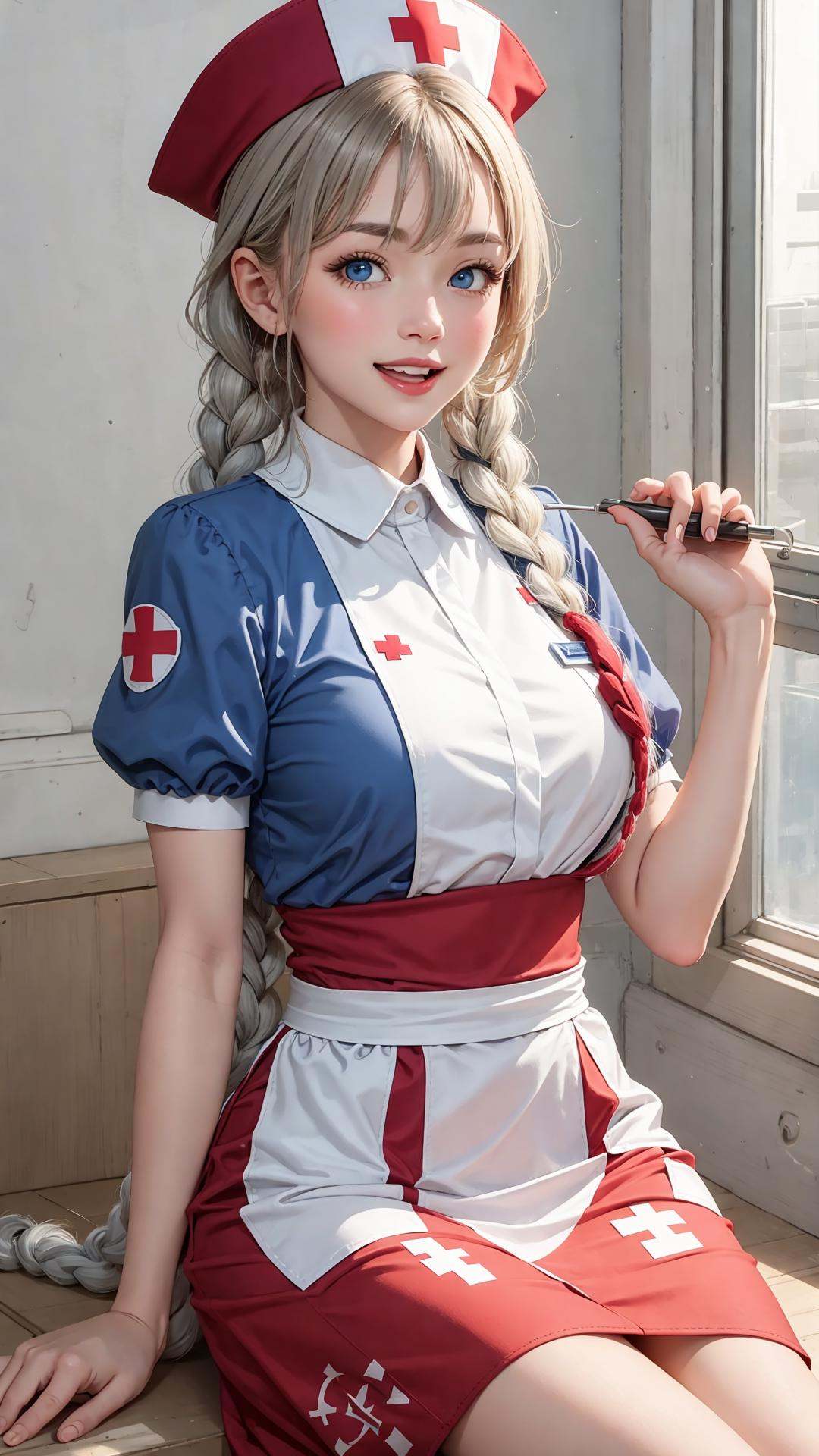 masterpiece, best quality, 1girl, arm support, bangs, belt, blue dress, blue eyes, blue headwear, blush, braid, braided ponytail, breasts, closed mouth, collared dress, constellation print, cowboy shot, cross, cross print, dress, dutch angle, eyelashes, grey hair, hair between eyes ,hand up, hat, large breasts, light smile, lips, long braid, long hair, looing at viewer, medium breasts, multicolored clothes, multicolored dress, nurse cap, open mouth, parted lips, pin bacground, puffy short sleeves, puffy sleeves,red cross, red dress, sash, short sleeves, sidelocs,simple bacground, single braid, sitting, setch, smile, solothighs, two-tone dress, very long hair, white hair, white sash,
