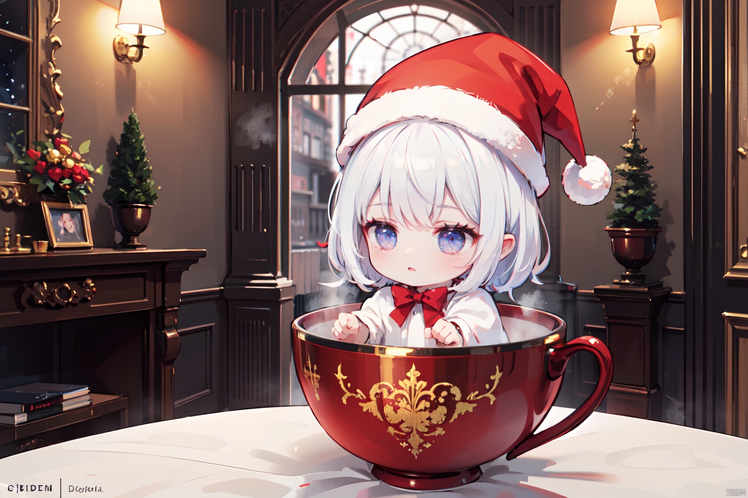 a dark gothic,  White dragon baby wearing a red Christmas hat,  in a golden Christmas cup. surrounding by dark gothic room,  soft cinematic lighting,  highly detailed,  8k,<lora:EMS-253082-EMS:0.300000>,<lora:EMS-257251-EMS:0.300000>,<lora:EMS-151900-EMS:0.500000>