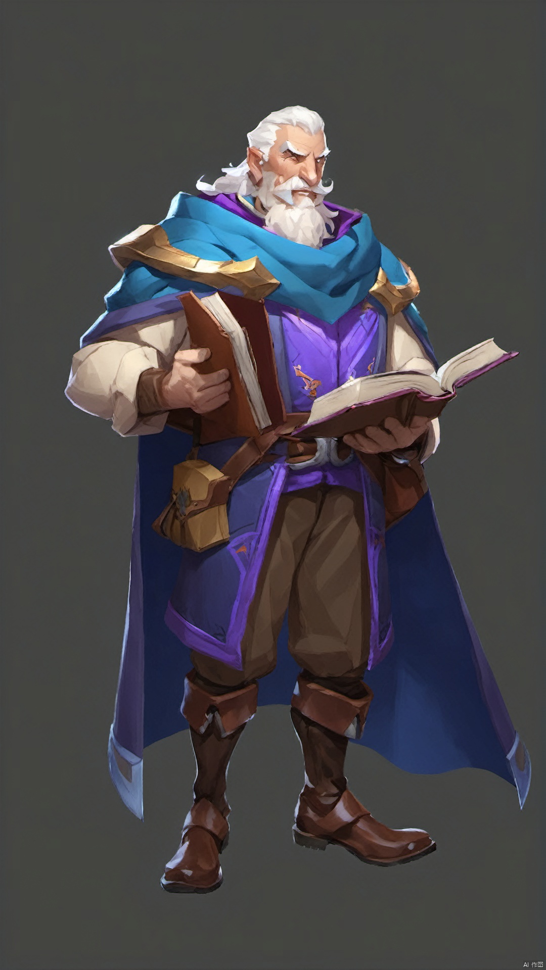 (european and american style) (character drawing), 1boy, male focus, facial hair, solo, beard, book, mature male, white hair, mustache, muscular, old man, full body, cape, old, boots, muscular male, magic, holding book, holding, standing, open book, brown footwear, armor, belt, glowing, wrinkled skin, pants, short hair, simple background, bara, wizard