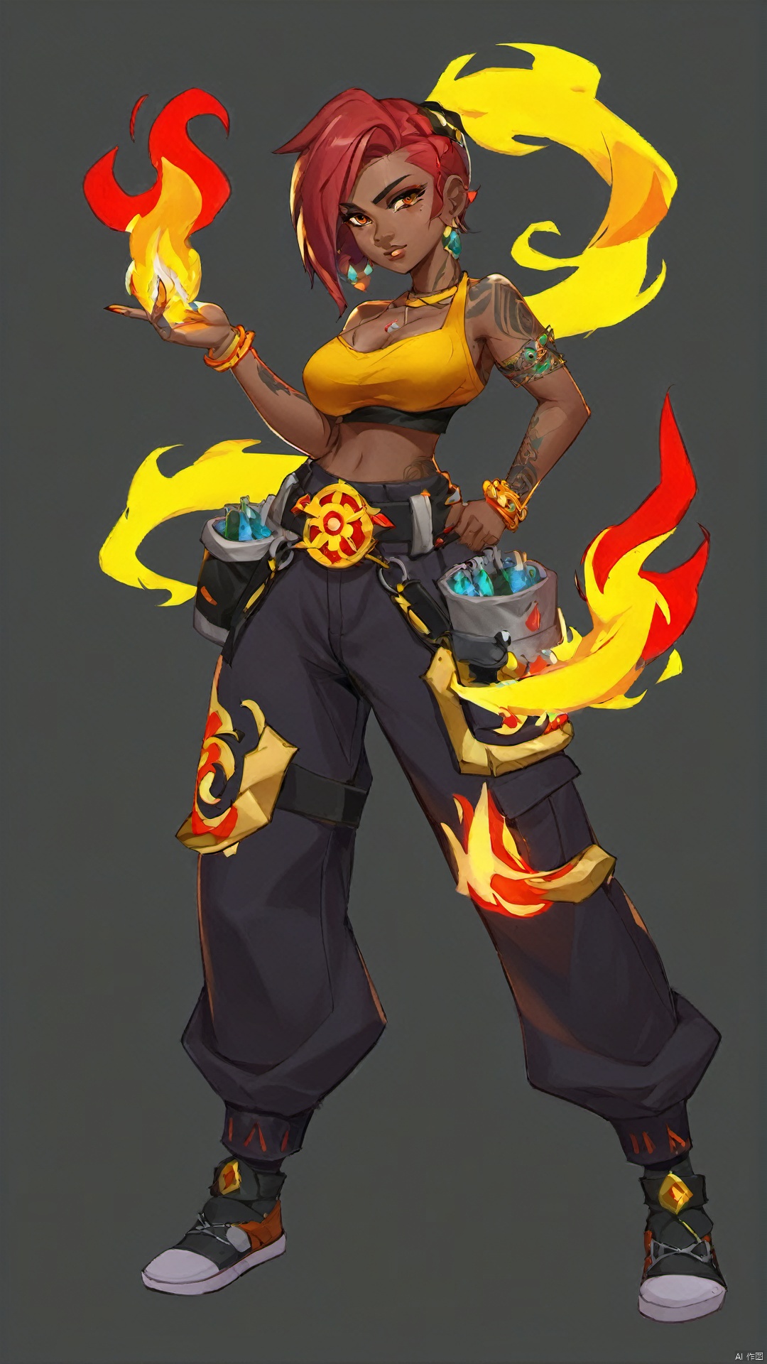 (european and american style) (character drawing), 1girl, solo, fire, grey background, navel, tattoo, simple background, multicolored hair, jewelry, full body, pants, dark skin, black hair, short hair, earrings, bare shoulders, midriff, red hair, standing, dark-skinned female, baggy pants, looking at viewer, yellow eyes, abs