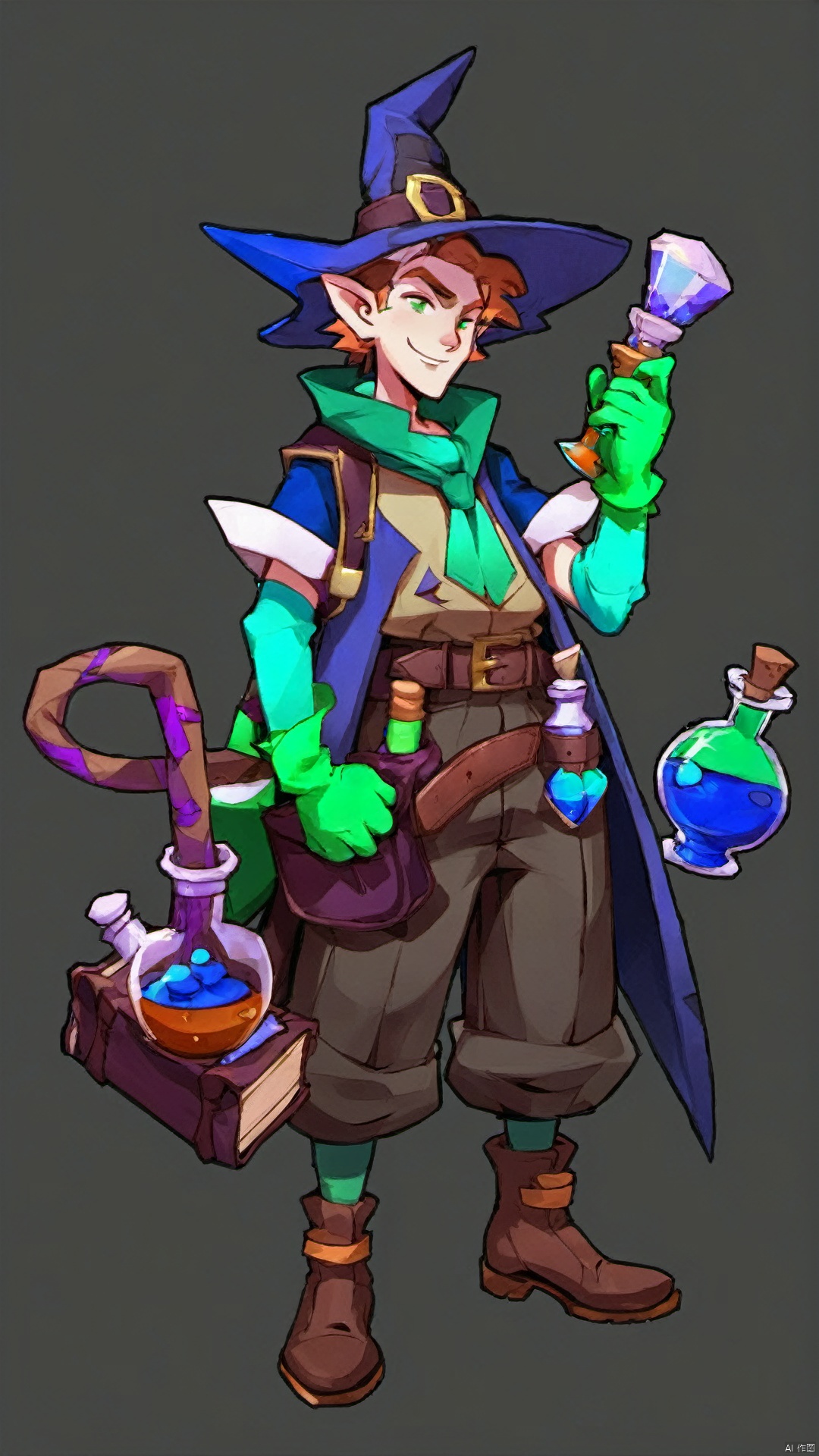 (European and American Style) (Character Stands), Gloves, Single, Hat, Potions, Pointed Ears, Gray Background, 1boy, Simple Background, Hand Held, Male Focus, Brown Shoes, Smile, Belt, Full Body, Book, Witch Hat, Pants, Vial, Standing, Earrings, Test Tube, Boots, Flask, Jewelry, Green Gloves, Blue Gloves