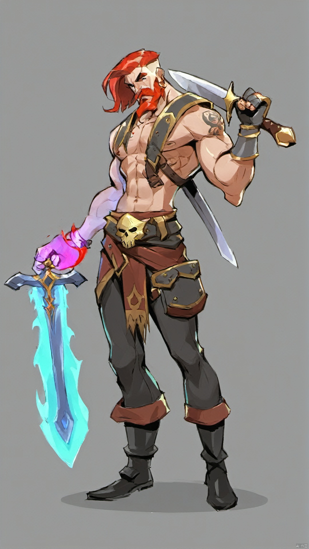 (european and american style) (character drawing), grey background, 1boy, holding, weapon, over shoulder, male focus, solo, weapon over shoulder, holding weapon, facial hair, muscular, pants, sword, simple background, holding sword, gloves, beard, pouch, belt, topless male, abs, muscular male, full body, colored skin, pectorals, teeth, fingerless gloves, boots, standing, collarbone, earrings, glowing, tattoo, red hair, navel, black pants, smile